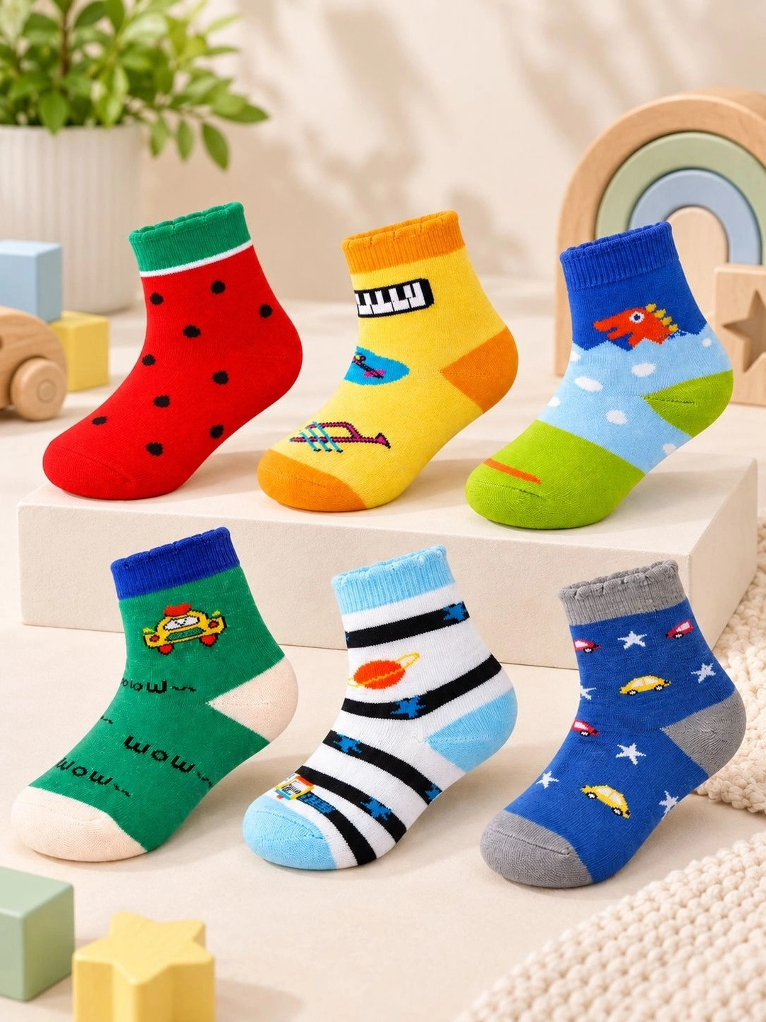 TinySteps Unisex Kids Pack of 6 Cotton Patterned Above Ankle Socks