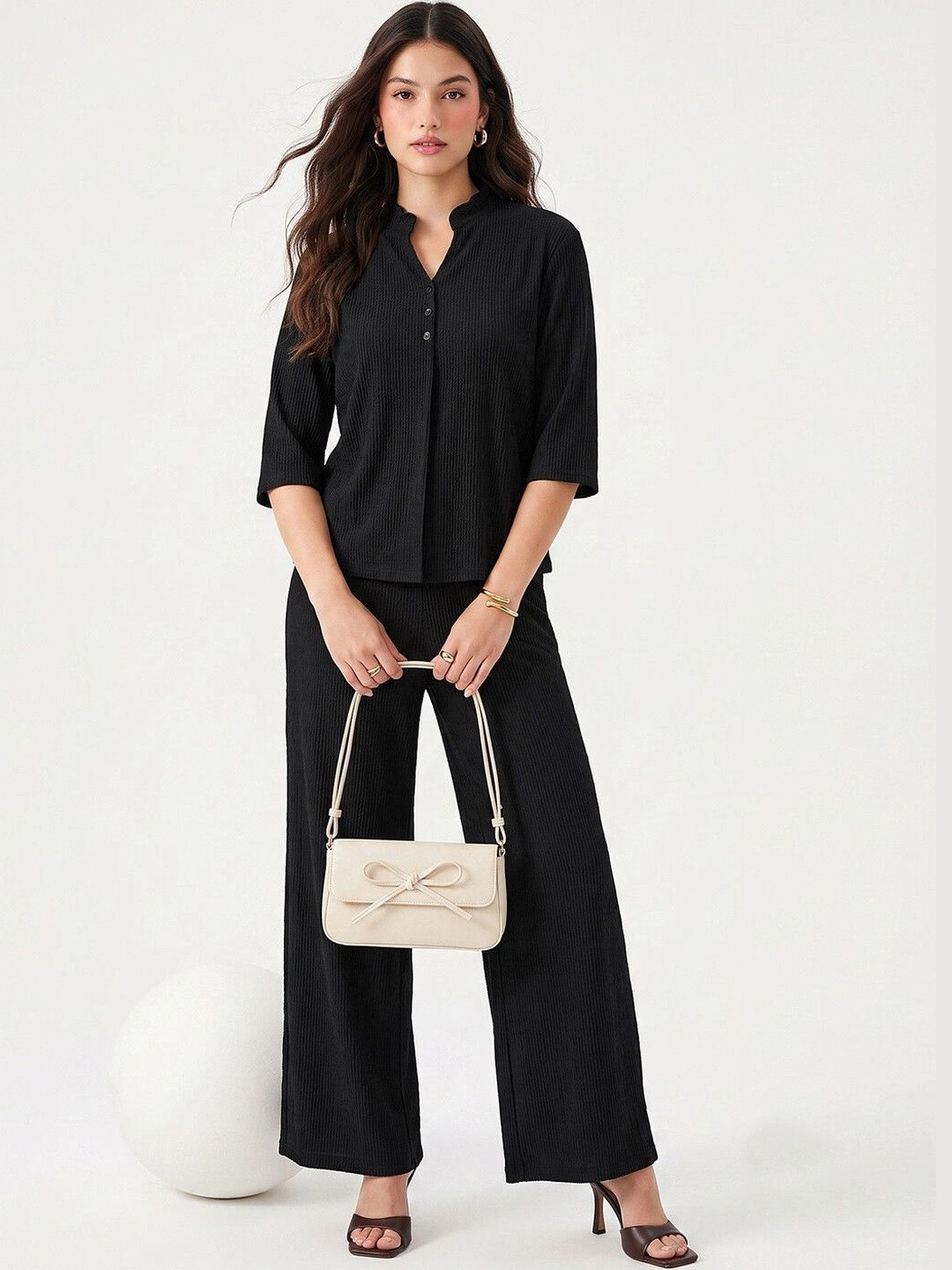 SZN Womens Black Ribbed Solid Top & Wide Leg Trouser Co-Ord Set