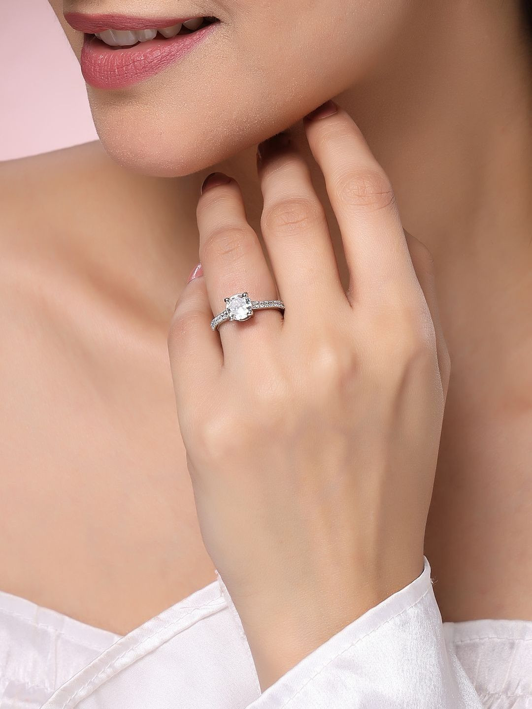 ZENEME Rhodium-Plated Stone-Studded Adjustable Finger Ring