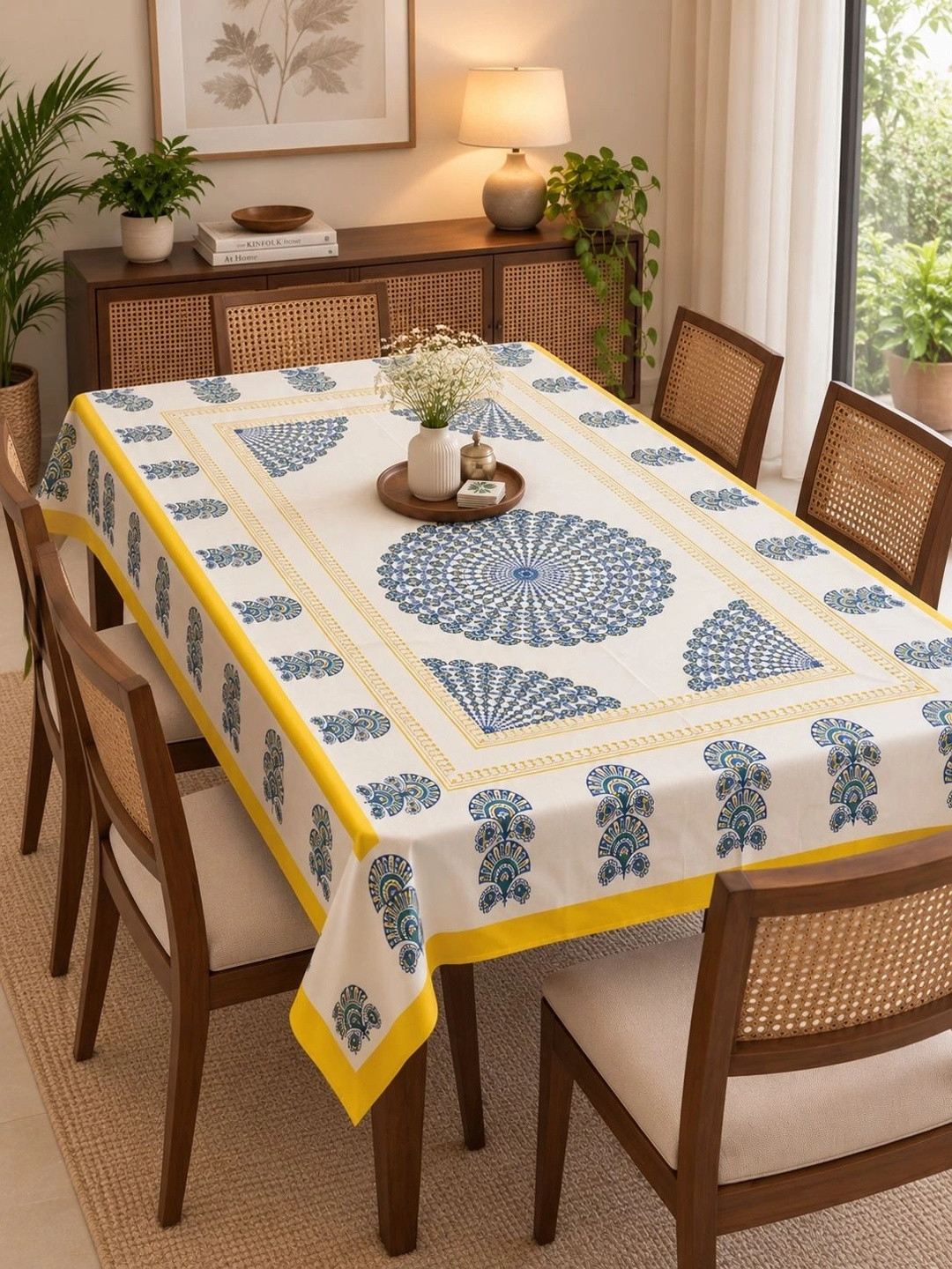 Bedbathandbliss White Ethnic Motifs Cotton 6-Seater Table Cover