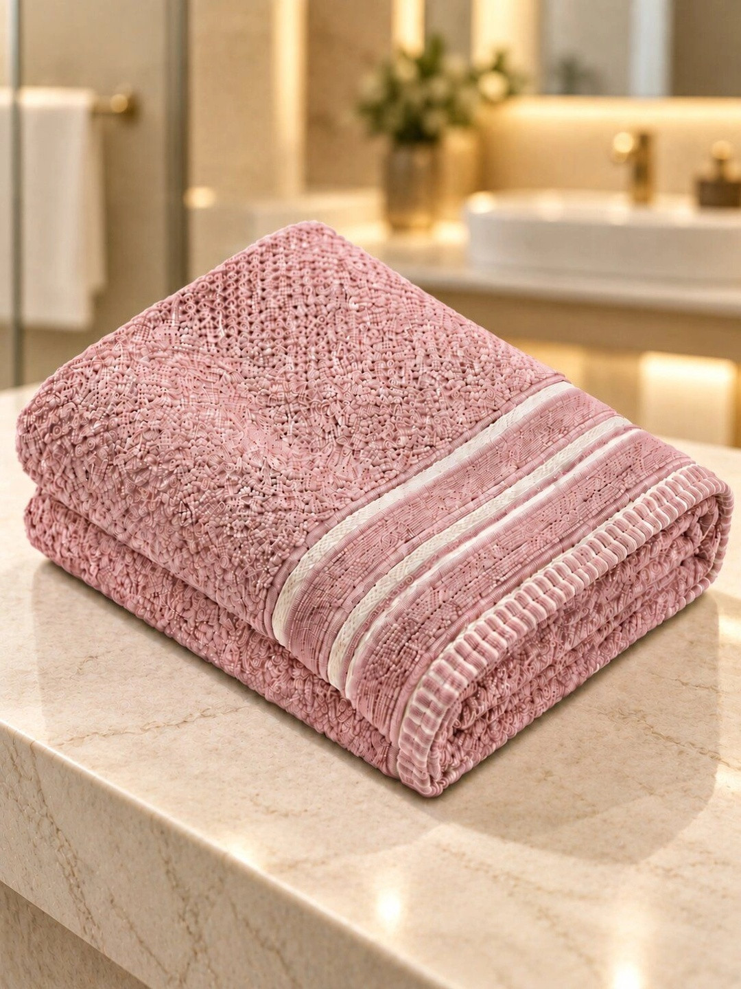 WEKTU Pink & White 1 Striped Cotton 500 GSM Bath Towel