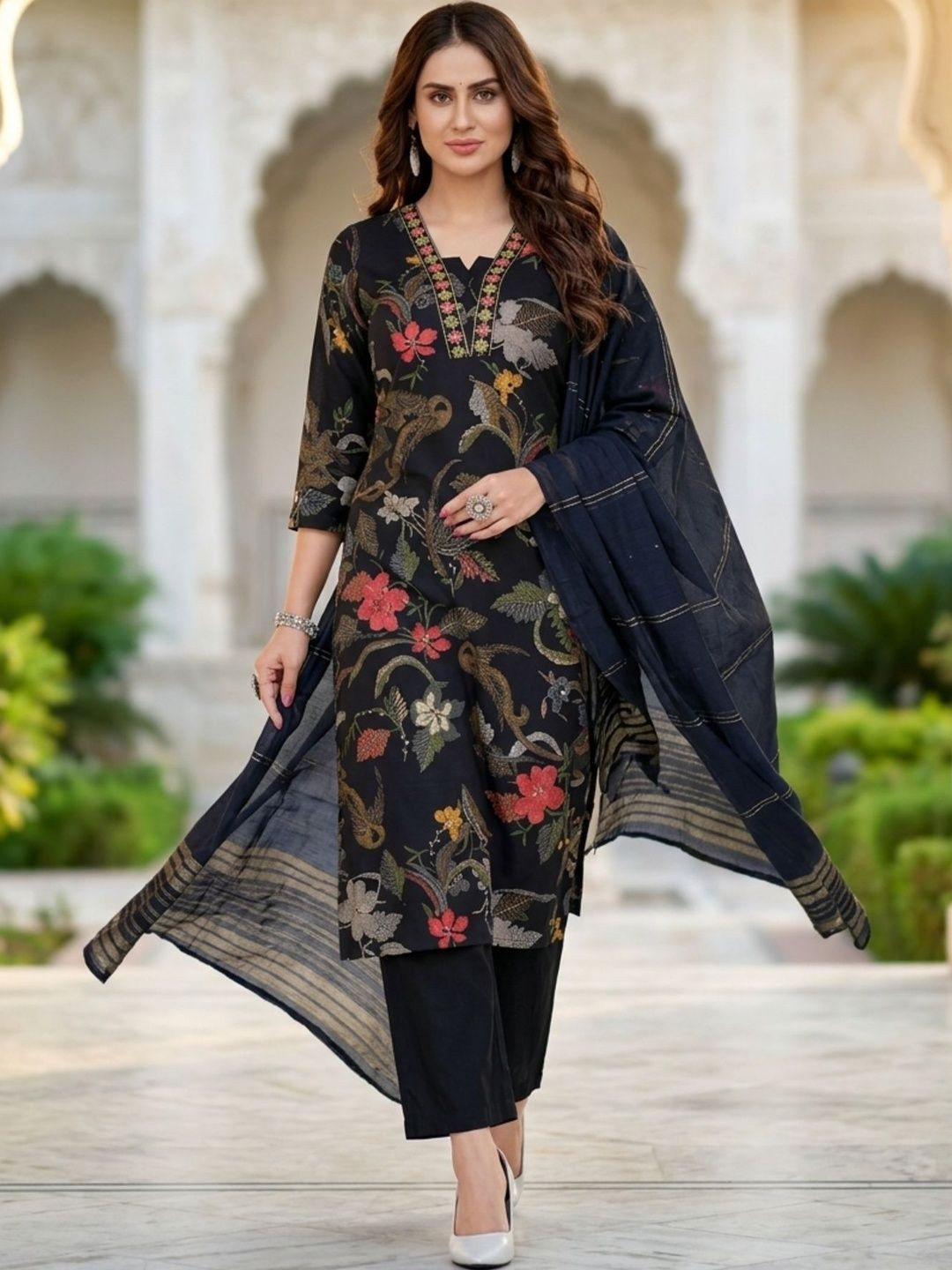 Anouk Women Floral Printed Regular Thread Work Kurta with Trousers & With Dupatta