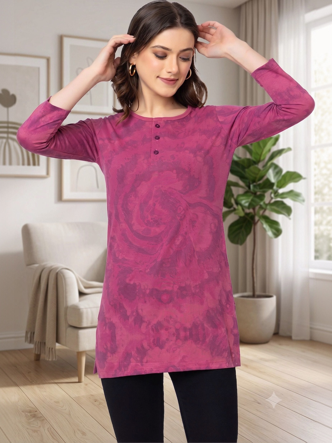 Startouch Women Tie and Dye Dyed Henley Neck T-shirt
