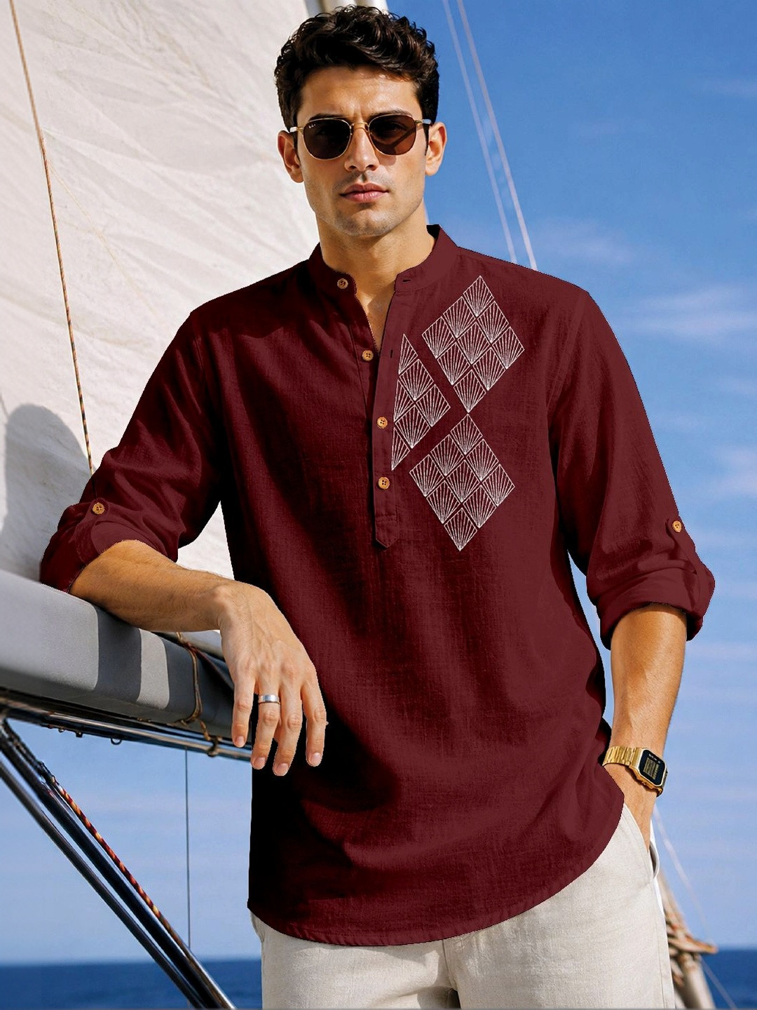 CLOTHING VEDA Geometric Printed Men's Short Kurta Shirt