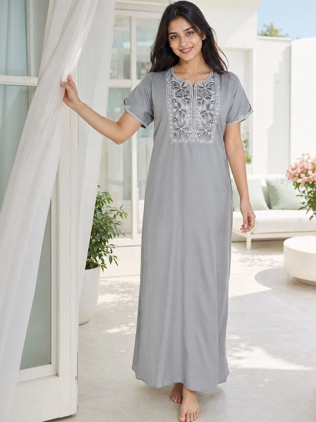 Cloud Soft Women Embroidered Maxi Nightdress