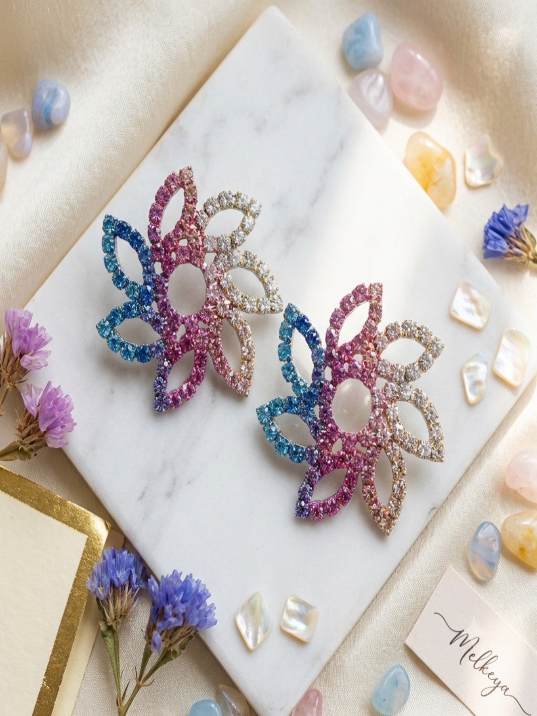 DressBerry Multicoloured Gold-Plated Studded Floral Studs