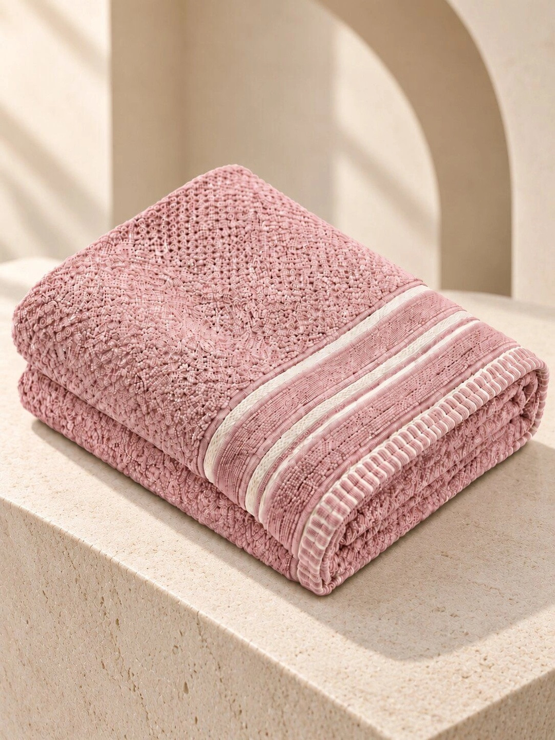 WEKTU Pink & White 1 Striped Cotton 500 GSM Bath Towel
