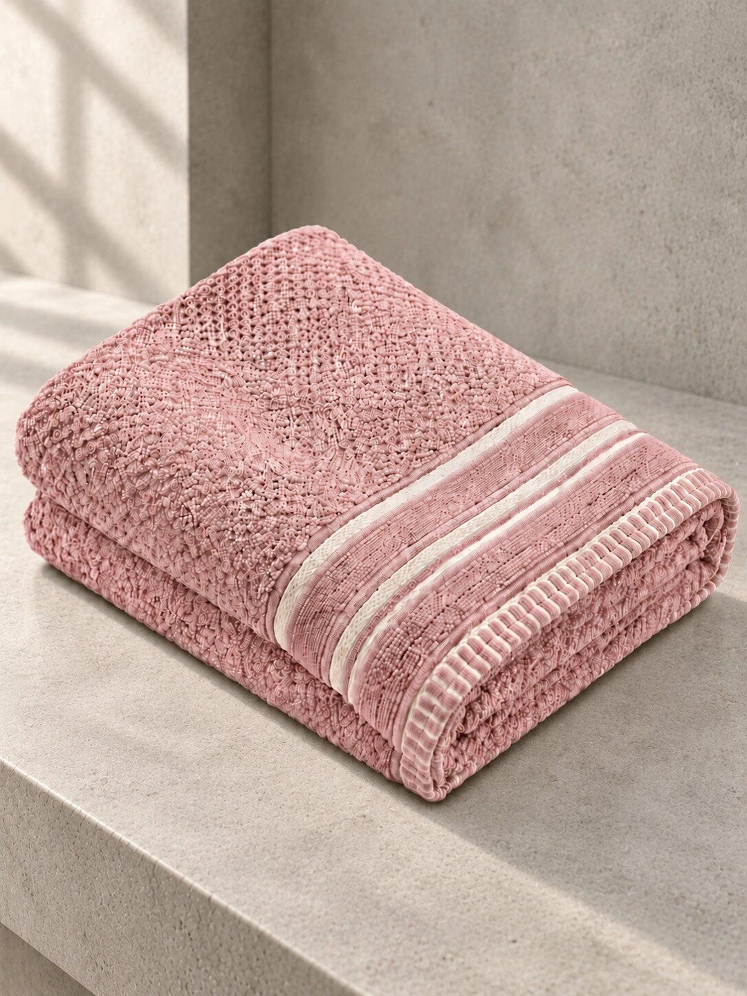 WEKTU Pink & White 1 Striped Cotton 500 GSM Bath Towel
