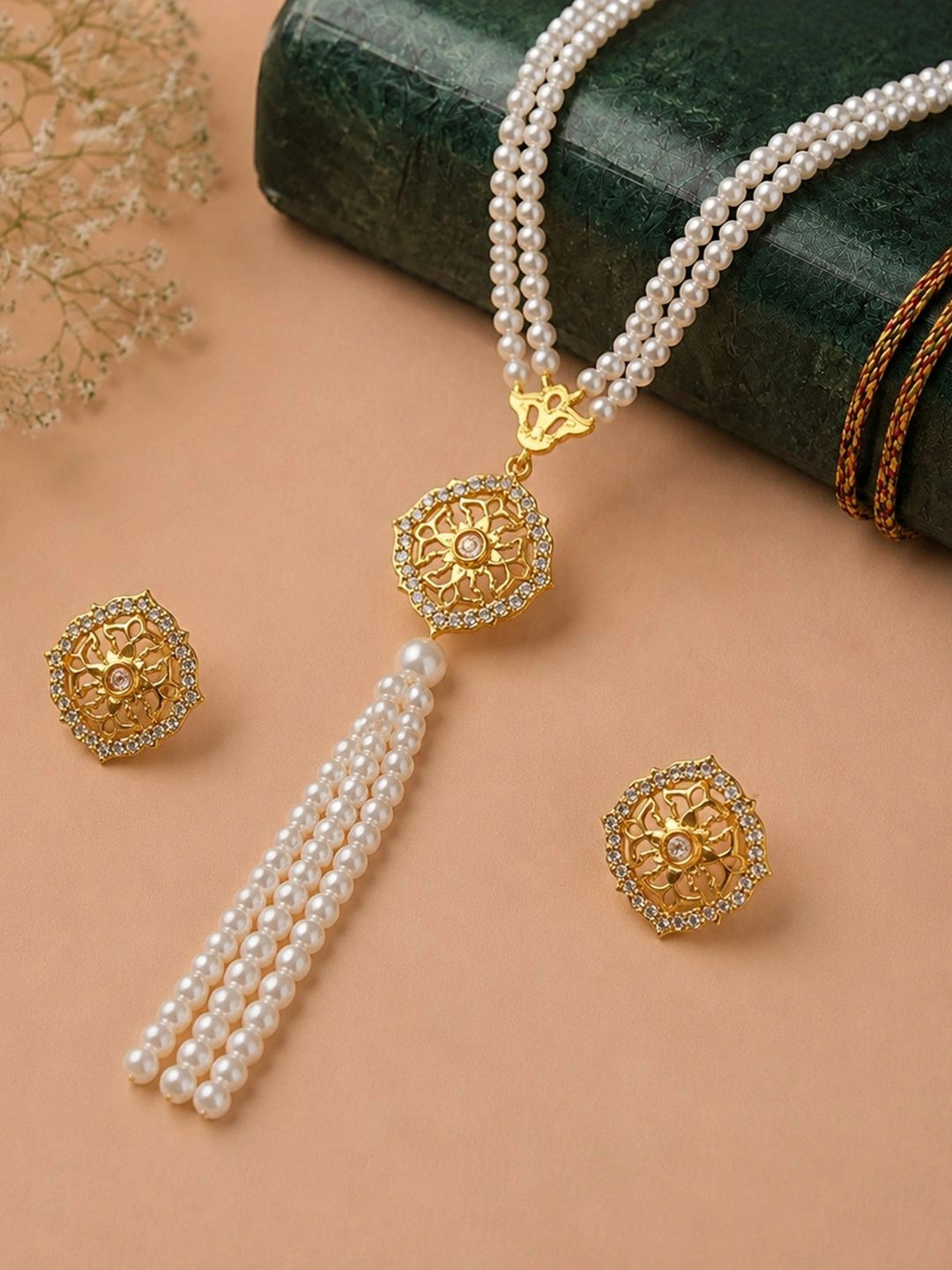 Voylla Gold-Plated Tasselled Cubic Zirconia Necklace and Earrings