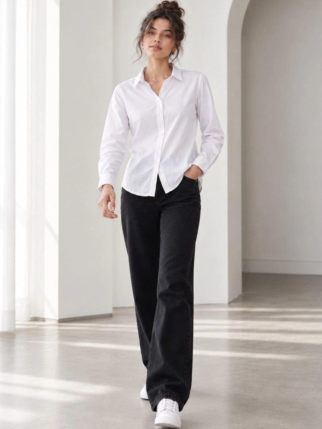 HERE&NOW Women White Solid Classic Casual Cotton Shirt
