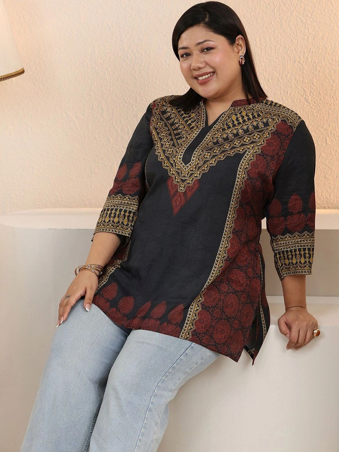 EXTRA LOVE BY LIBAS Ethnic Motifs Printed V-Neck Kurti