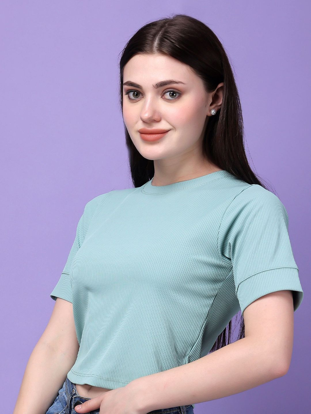 Bitterlime Self Design Round Neck Short Sleeves Cotton Top