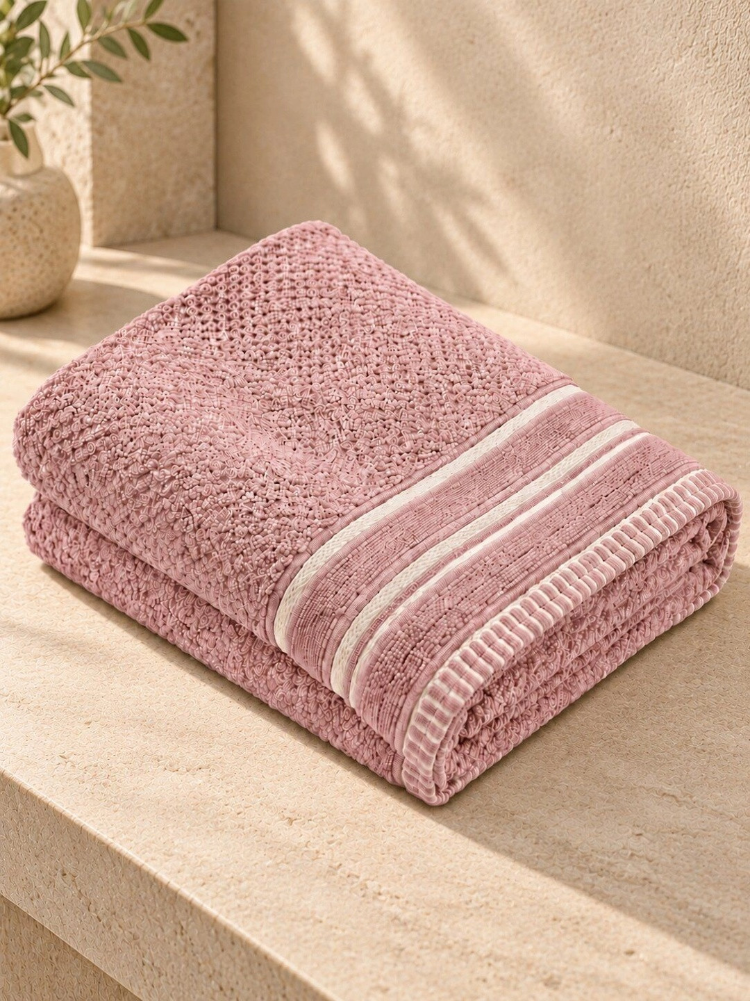 WEKTU Pink & White 1 Striped Cotton 500 GSM Bath Towel