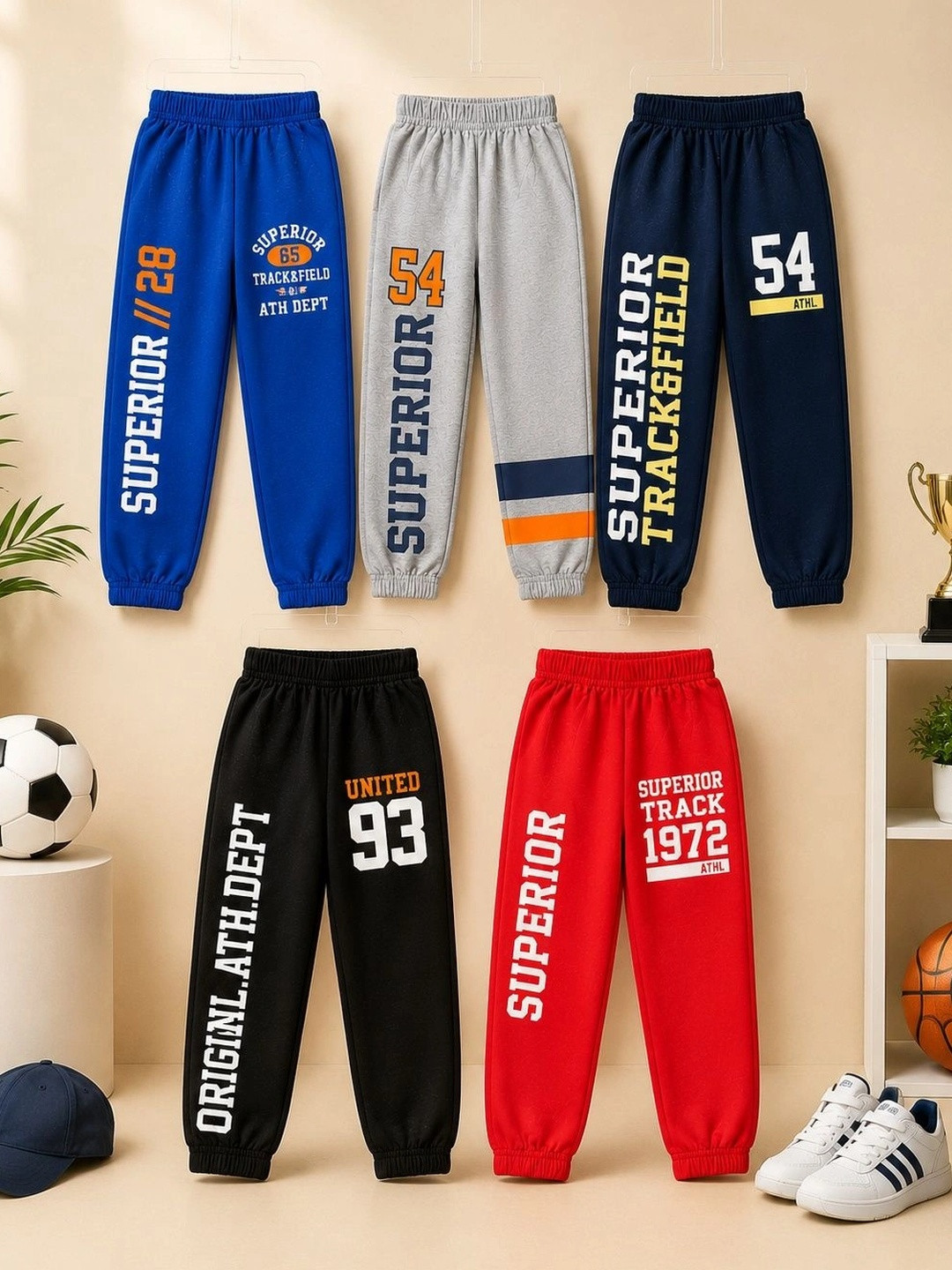 FAZZA Boys Pack Of 5 Typography Printed Mid Rise Track Pants