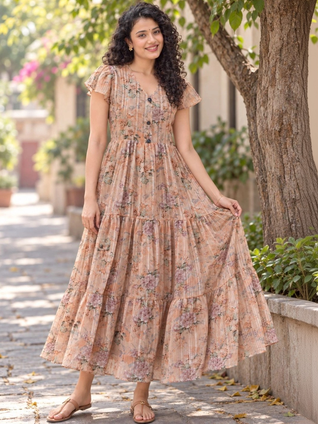 VIRELLE - LUXURY WOMENSWEAR Floral Print Flared Sleeve Georgette A-Line Maxi Dress