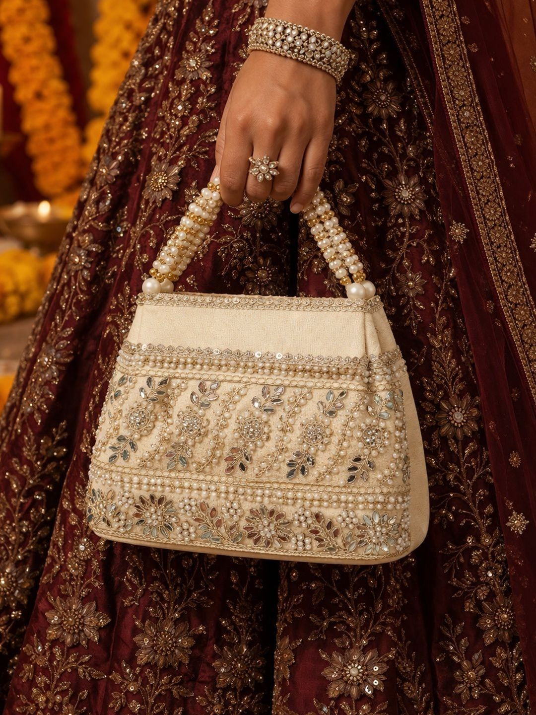 SUGARFRILL Embroidered Ethnic Potli Clutch with Pearls Handle