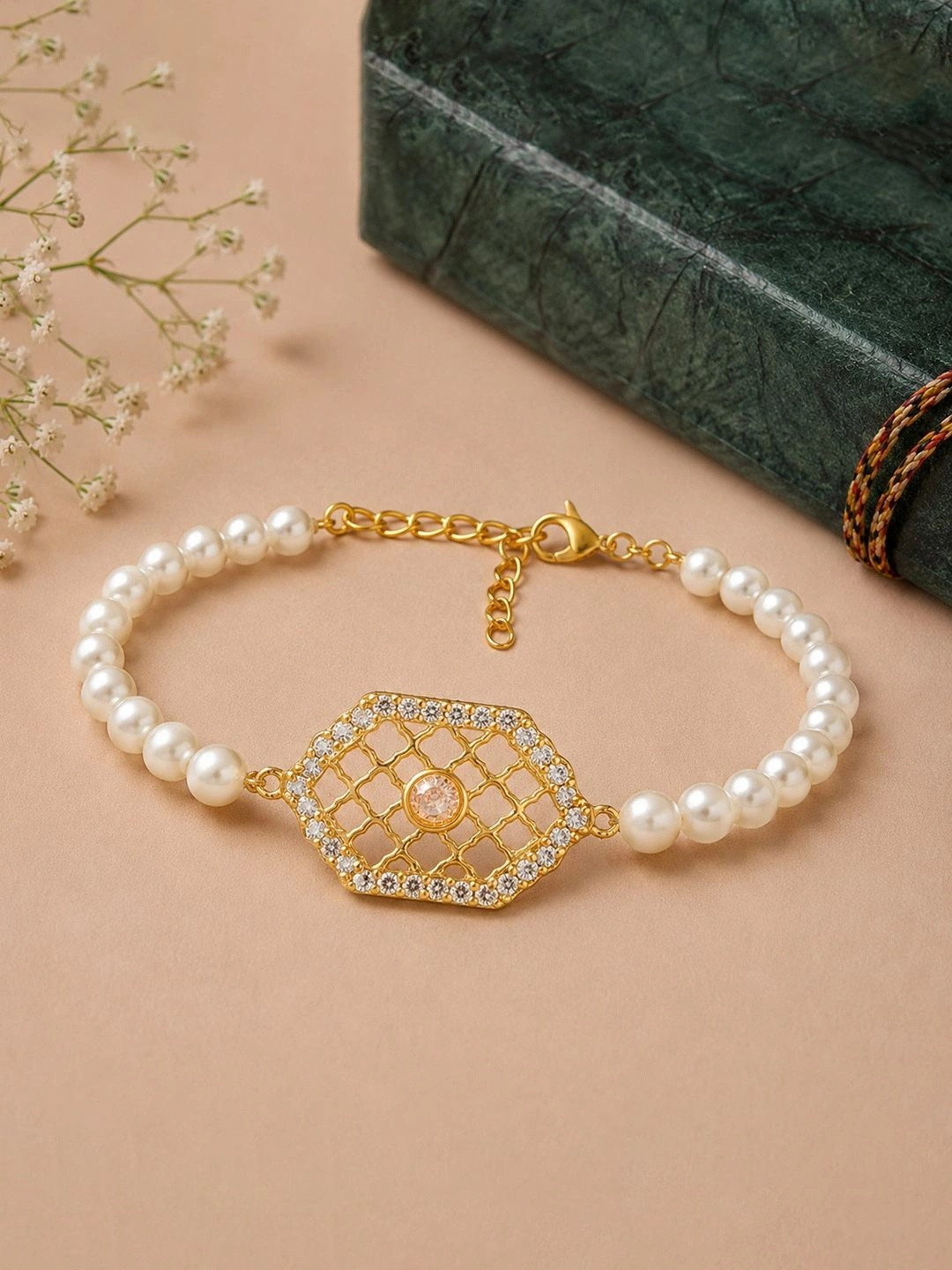Voylla Women Brass Pearls Handcrafted Gold-Plated Charm Bracelet