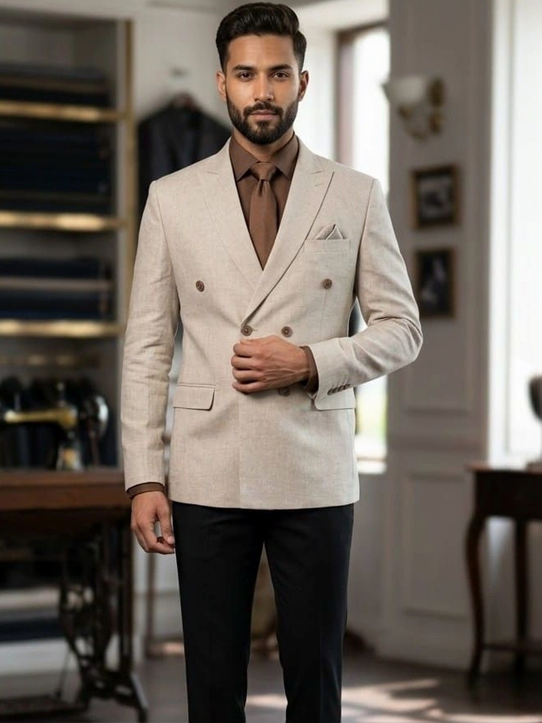 Asthetic Self Design Linen Notched Lapel Collar Double-Breasted Blazer