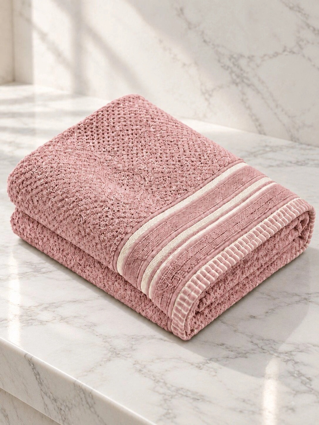 WEKTU Pink & White 1 Striped Cotton 500 GSM Bath Towel