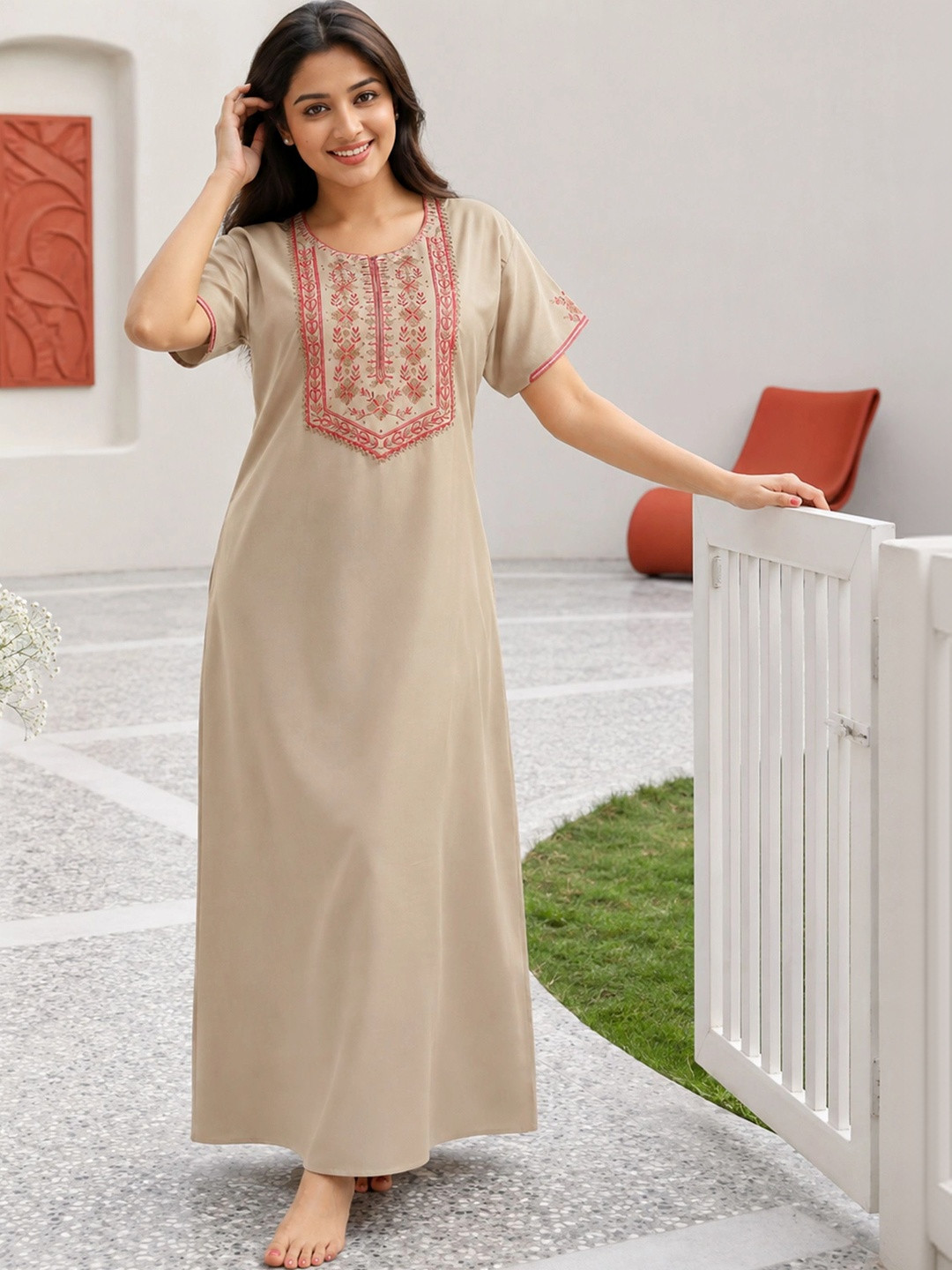 Cloud Soft Women Ethnic Motif Embroidered Short Sleeve Maxi Nightdress