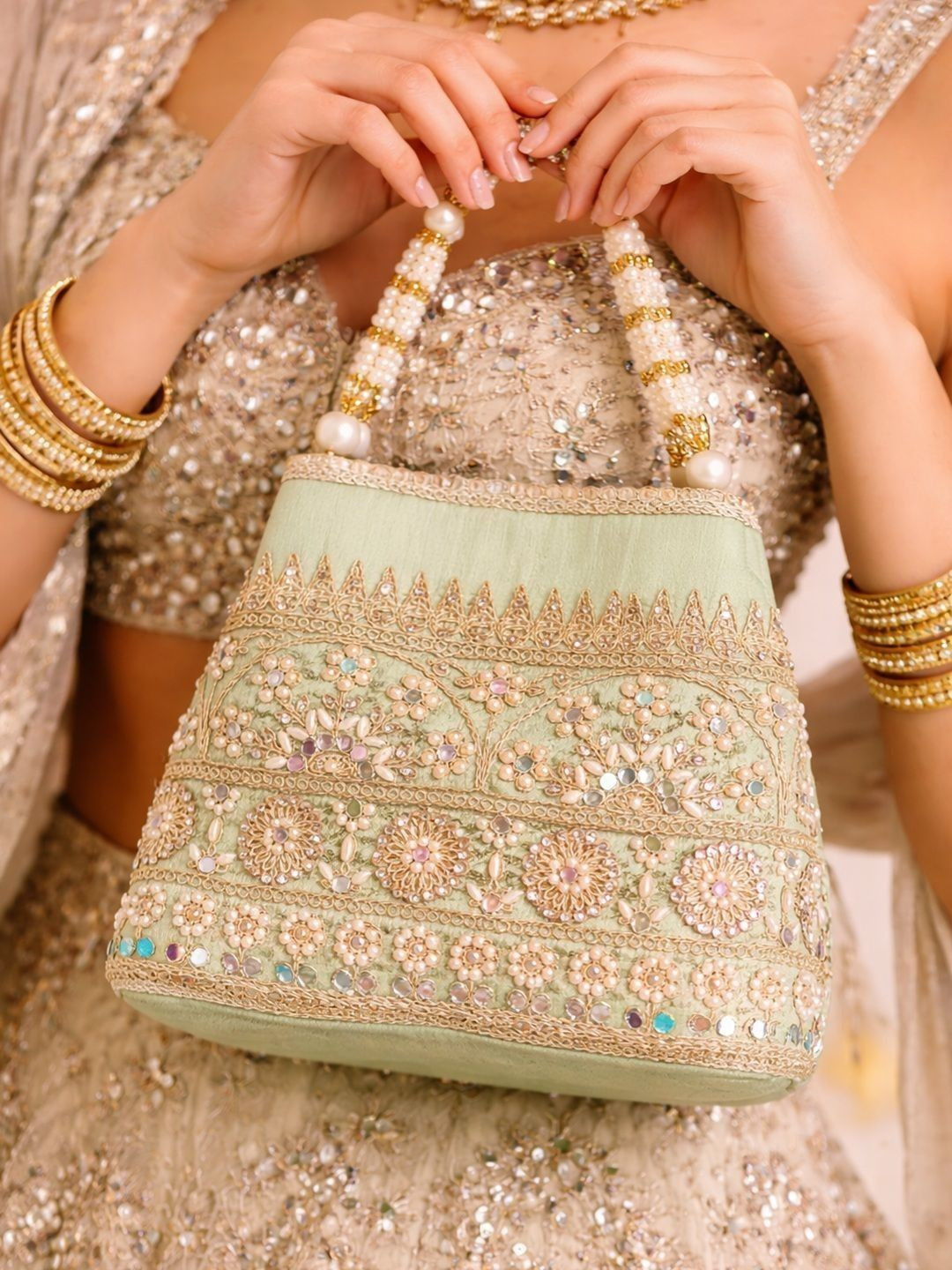 SUGARFRILL Embroidered Ethnic Potli Clutch with Pearls Handle