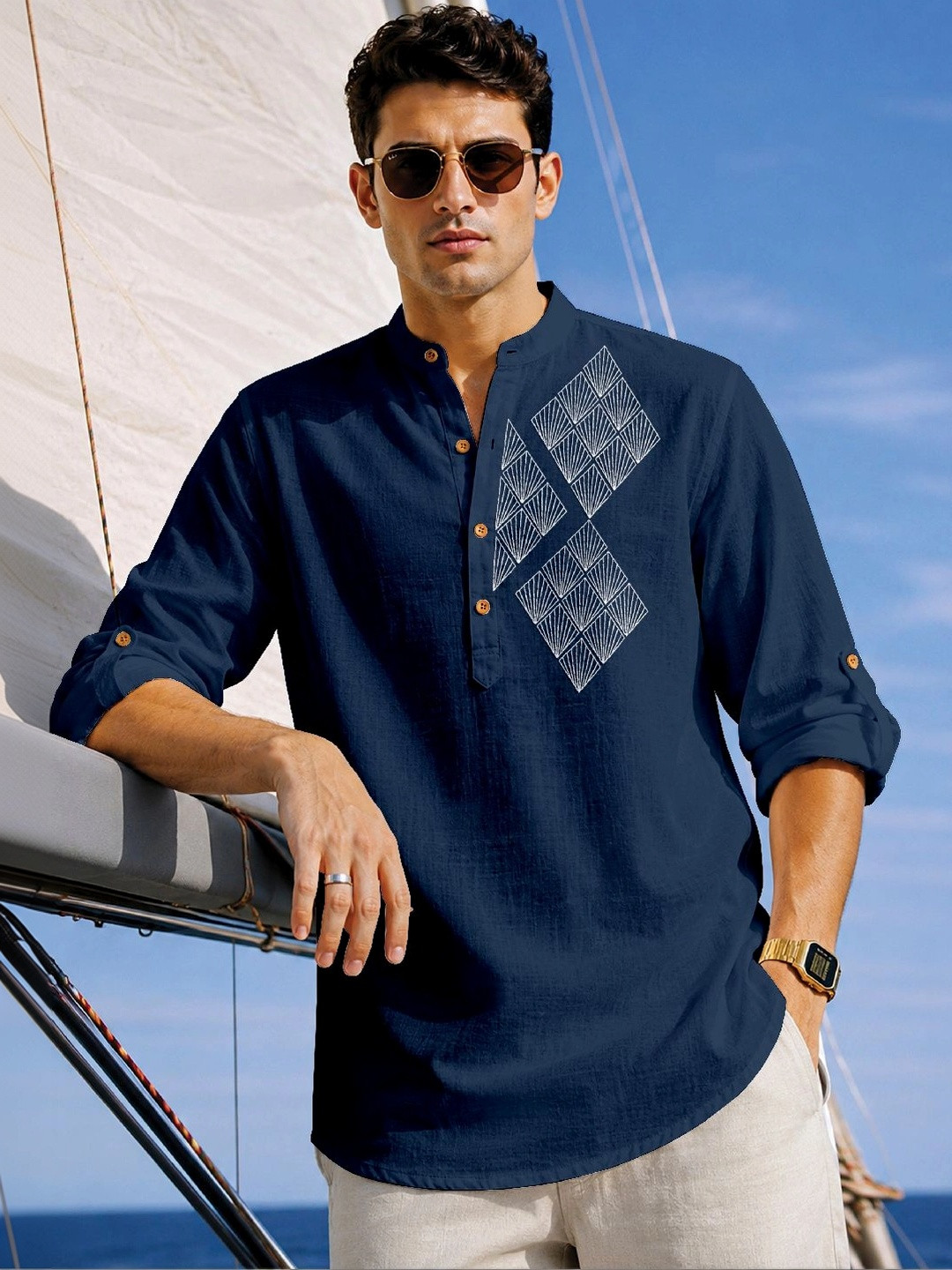 CLOTHING VEDA Geometric Printed Men's Short Kurta Shirt