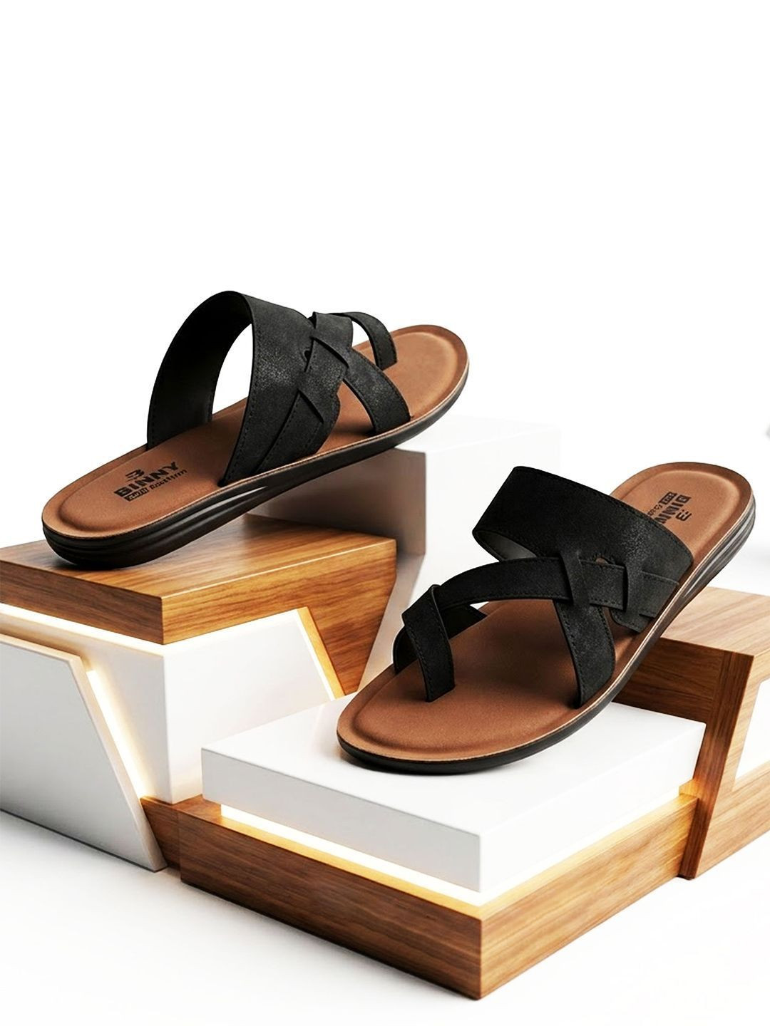 Binny Men Black Synthetic Comfort Toe-Ring Sandals With Cross-Strap Design