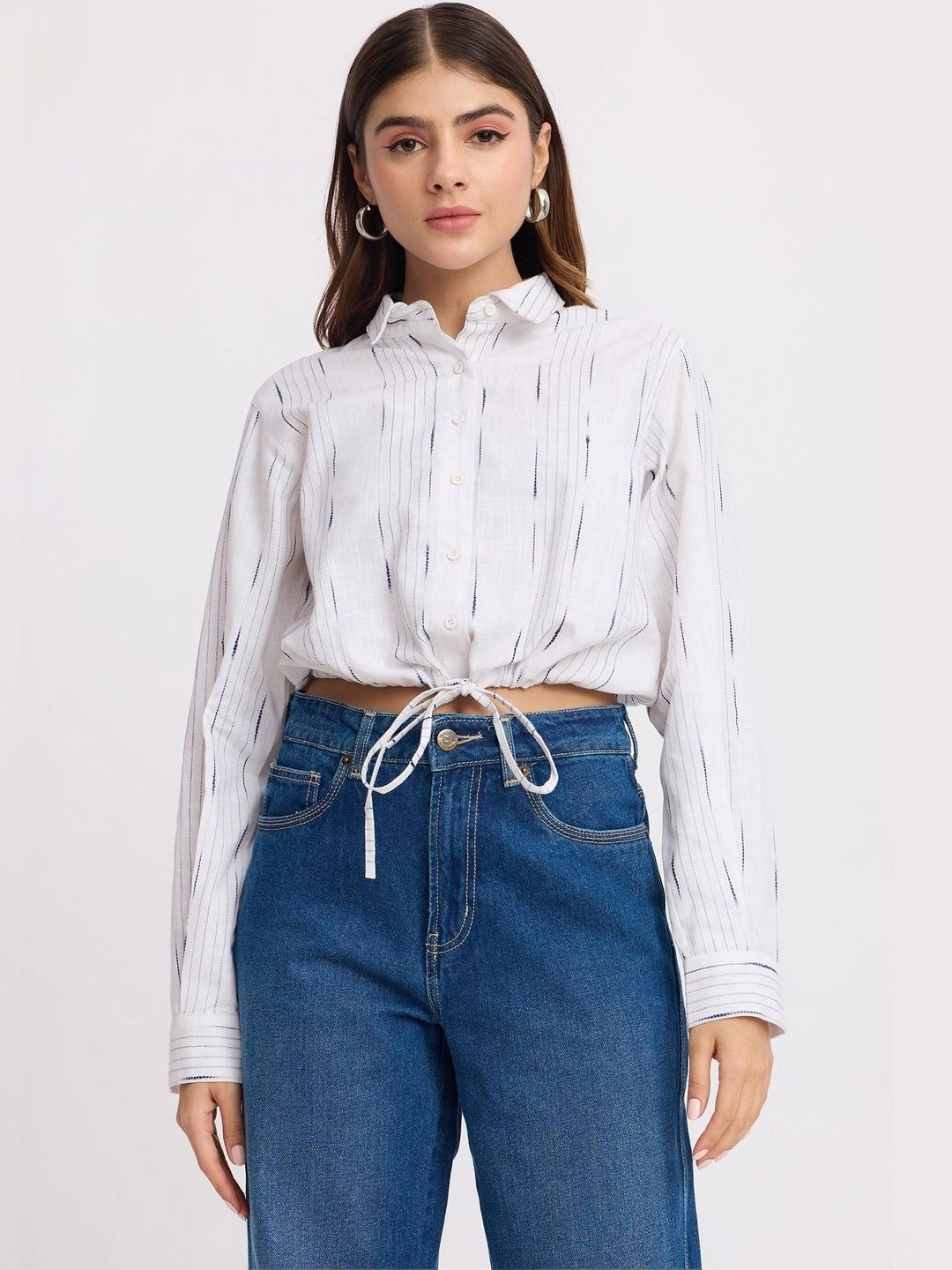 Virgio Striped Cotton Long Sleeves Spread Collar Regular Fit Tie-Up Shirt for Women