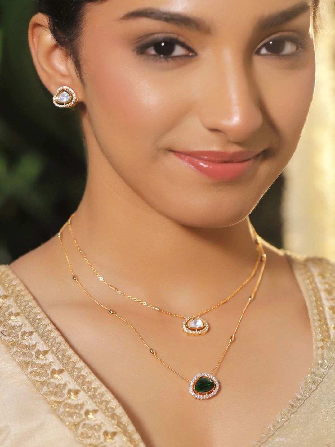 Rubans 22K Gold-Plated Brass Blue Kundan & Cubic Zirconia Dual-Layer Necklace Set