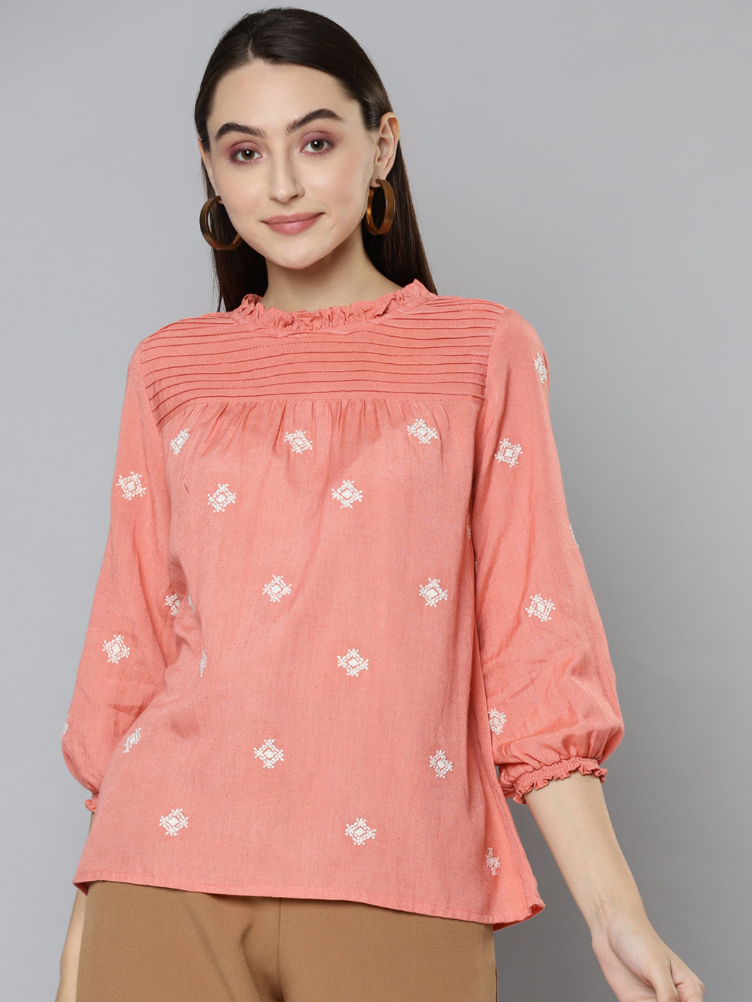 SCOUP Peach-Coloured Floral Printed Linen Top