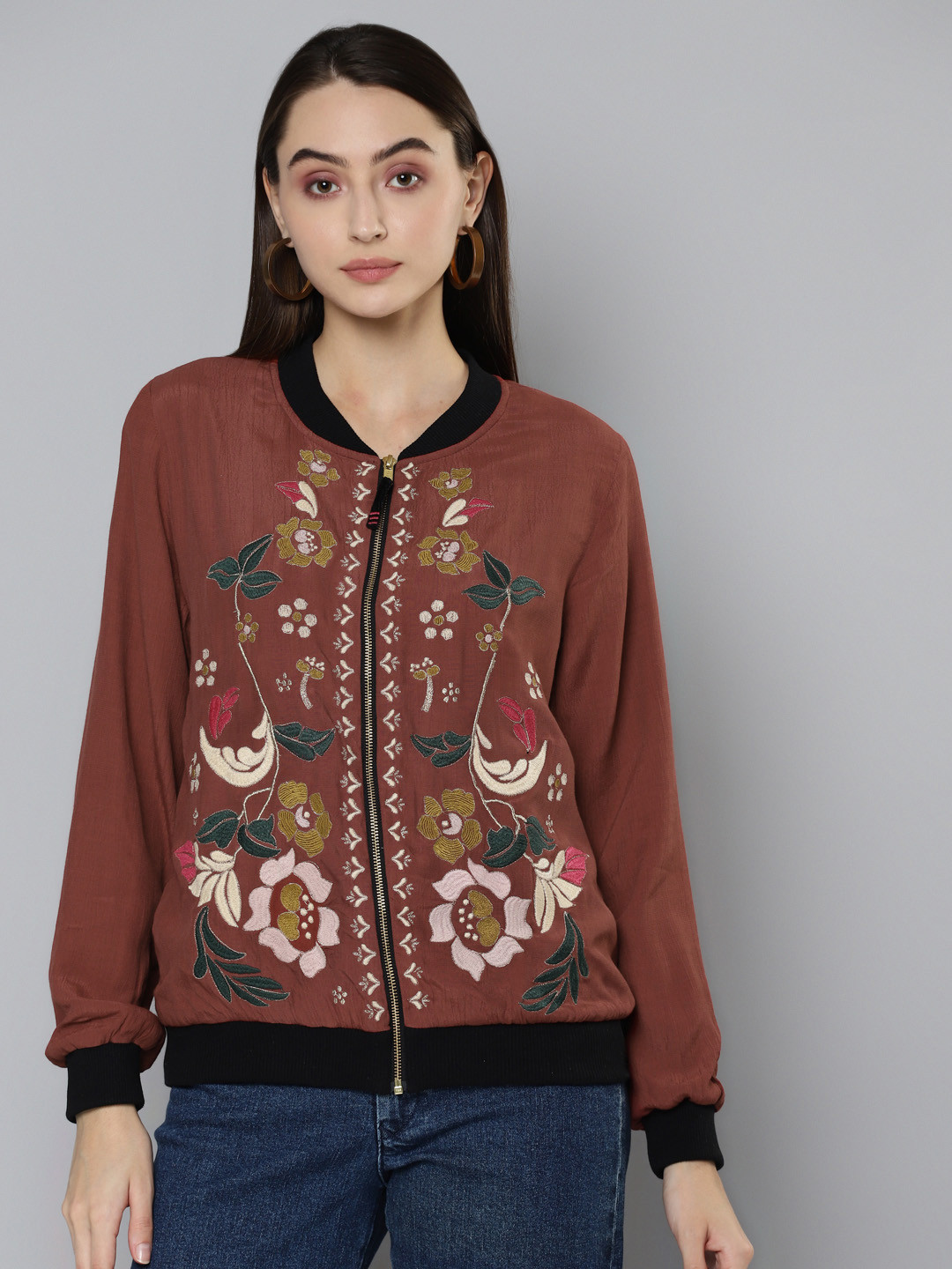 SCOUP Women Rust Floral Bomber Embroidered Jacket