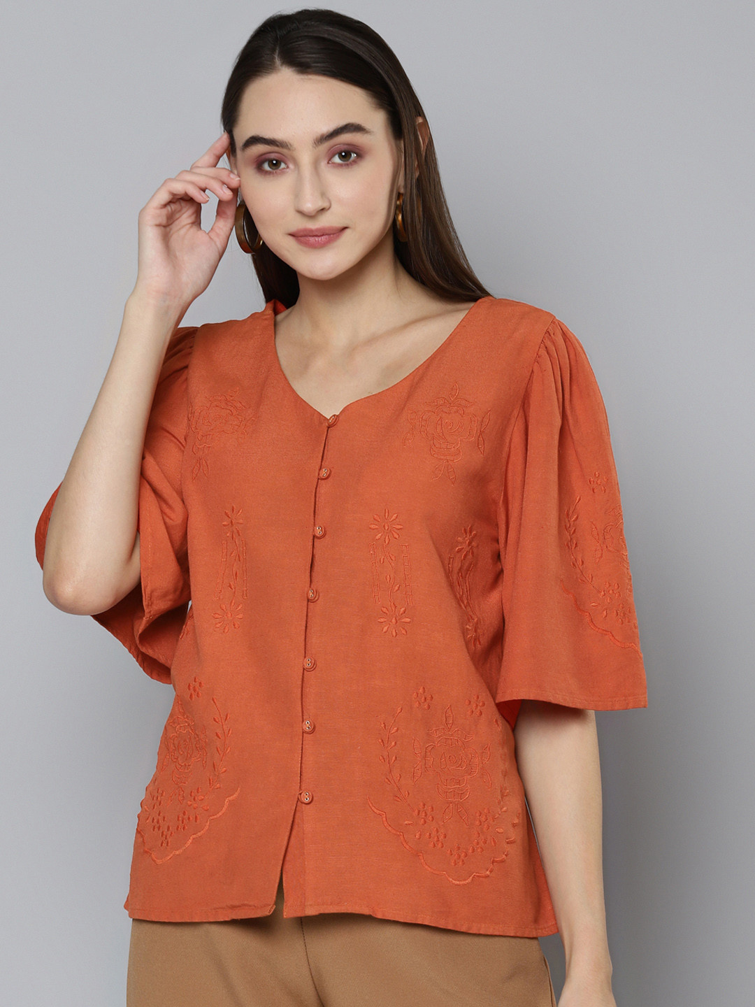 SCOUP Women Orange Linen Solid Boxy Top