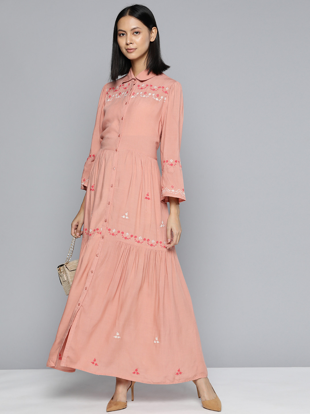 SCOUP Women Peach-Coloured & White Floral Embroidered Shirt Maxi Dress