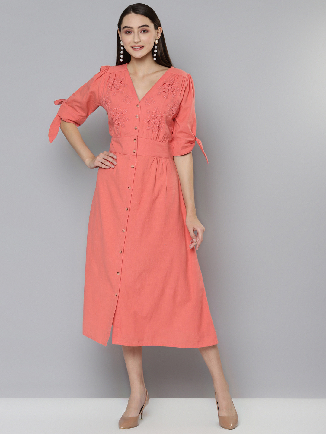 SCOUP Coral Embroidered A-Line Cotton Dress