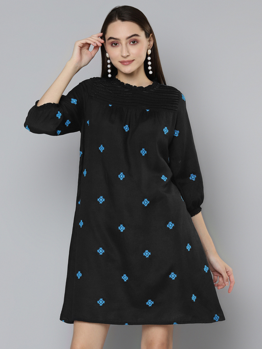 SCOUP Black Ethnic Motifs Embroidered A-Line Dress