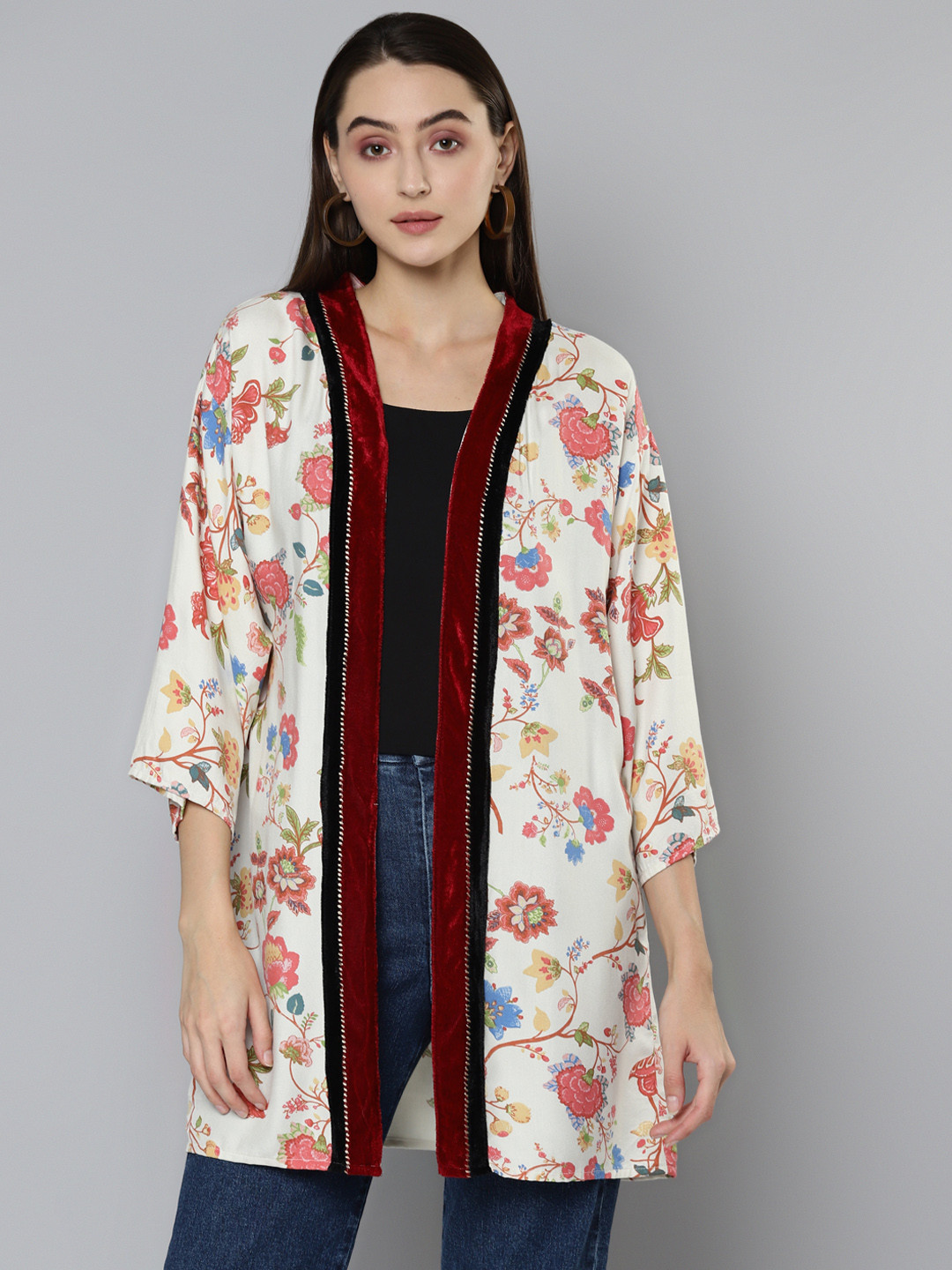 SCOUP Women Multicoloured Printed Embroidered Longline Shrug