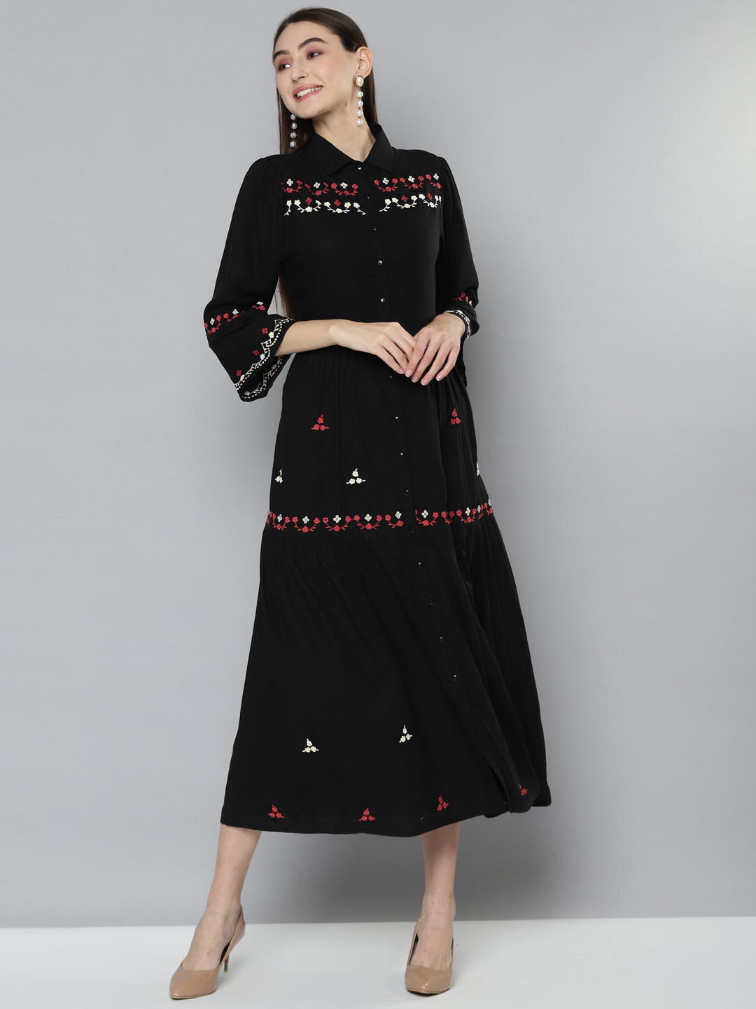 SCOUP Women Black Floral Embroidered Midi Dress