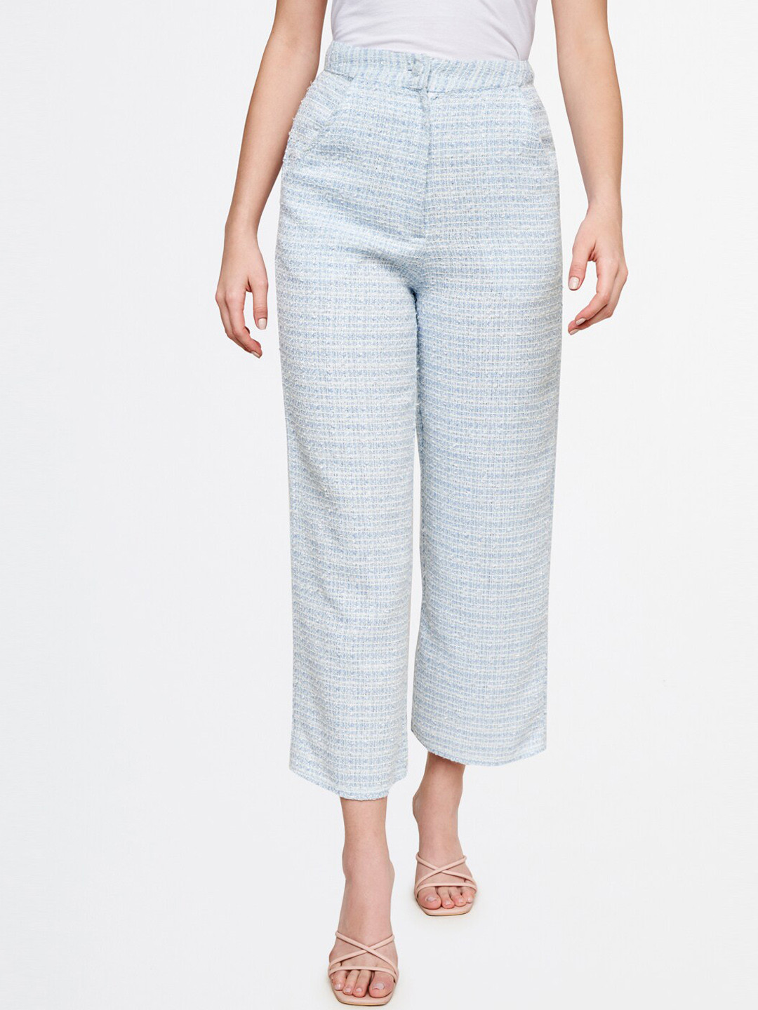 AND Women Blue Checked Flared Trouser