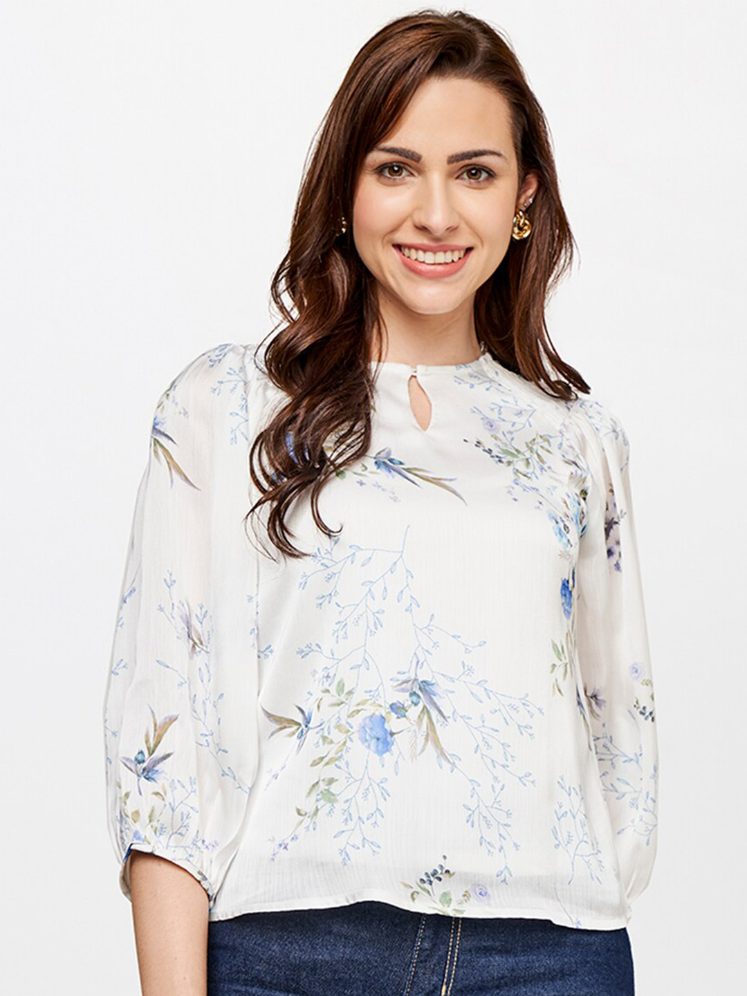 AND White Floral Print Styled Back Top