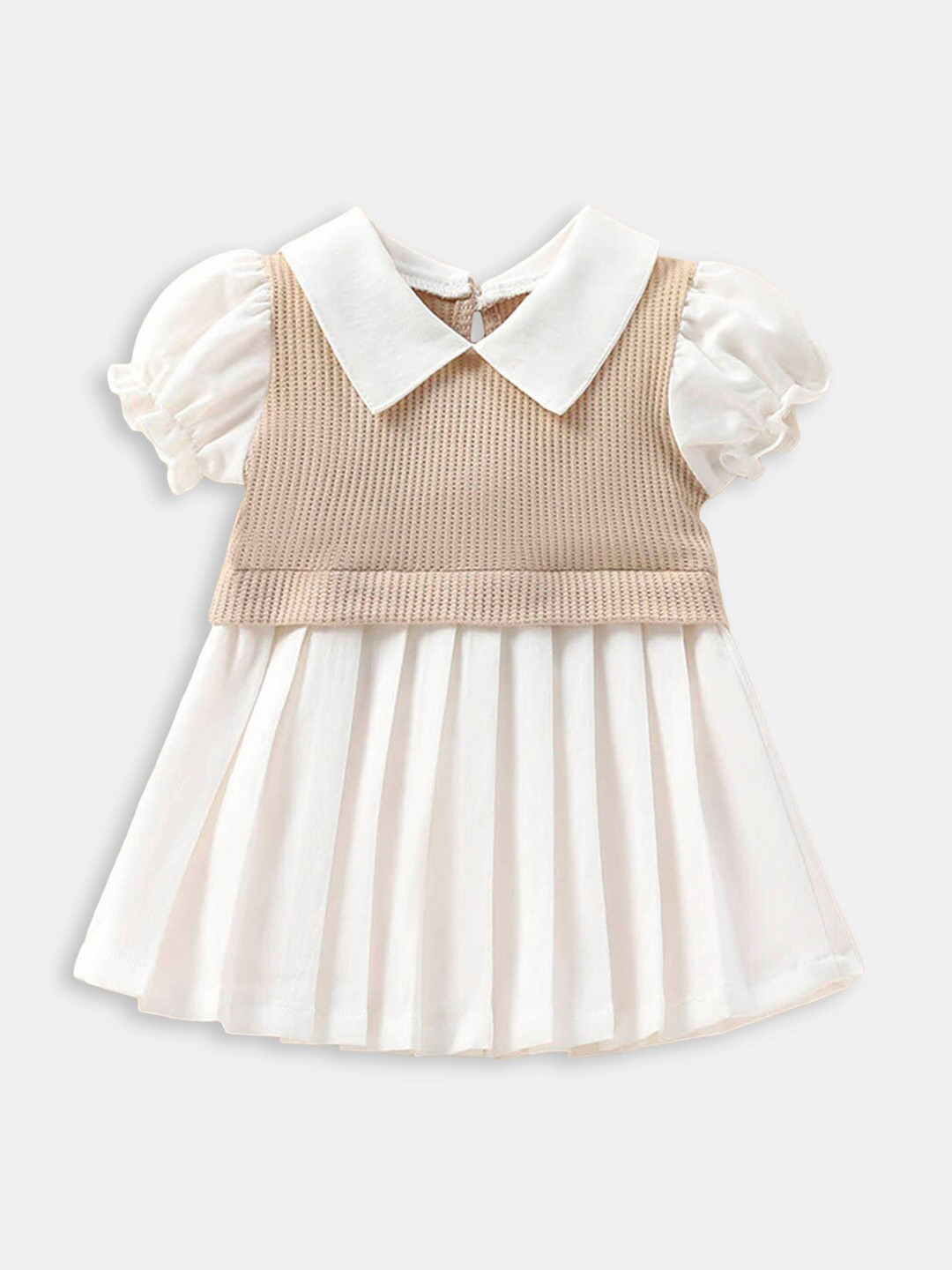 Hopscotch Girls White & Beige Self Design Peter Pan Collar Mini Dress