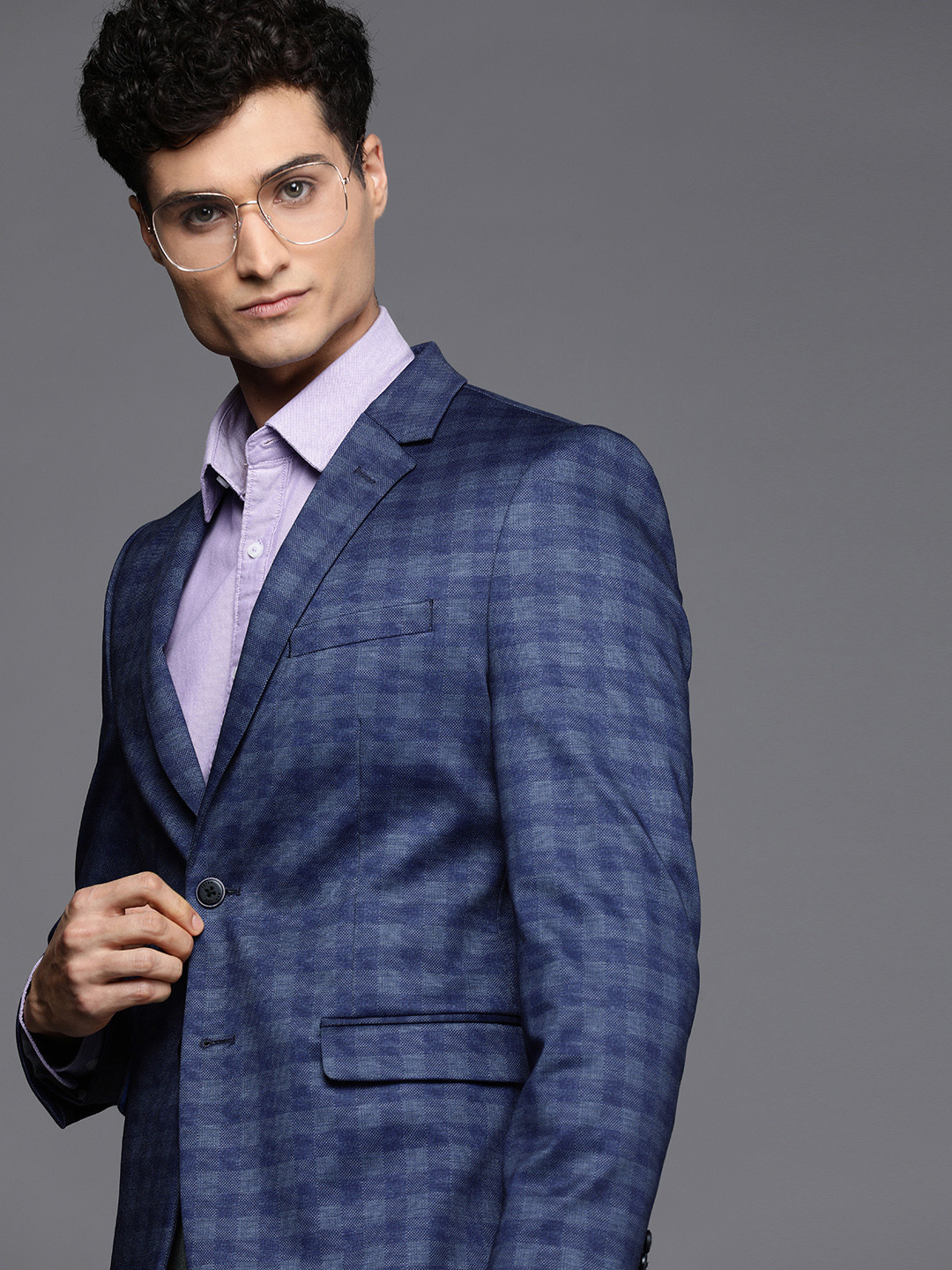 Peter England Elite Men Blue Slim Fit Checked Single-Breasted Formal Blazer