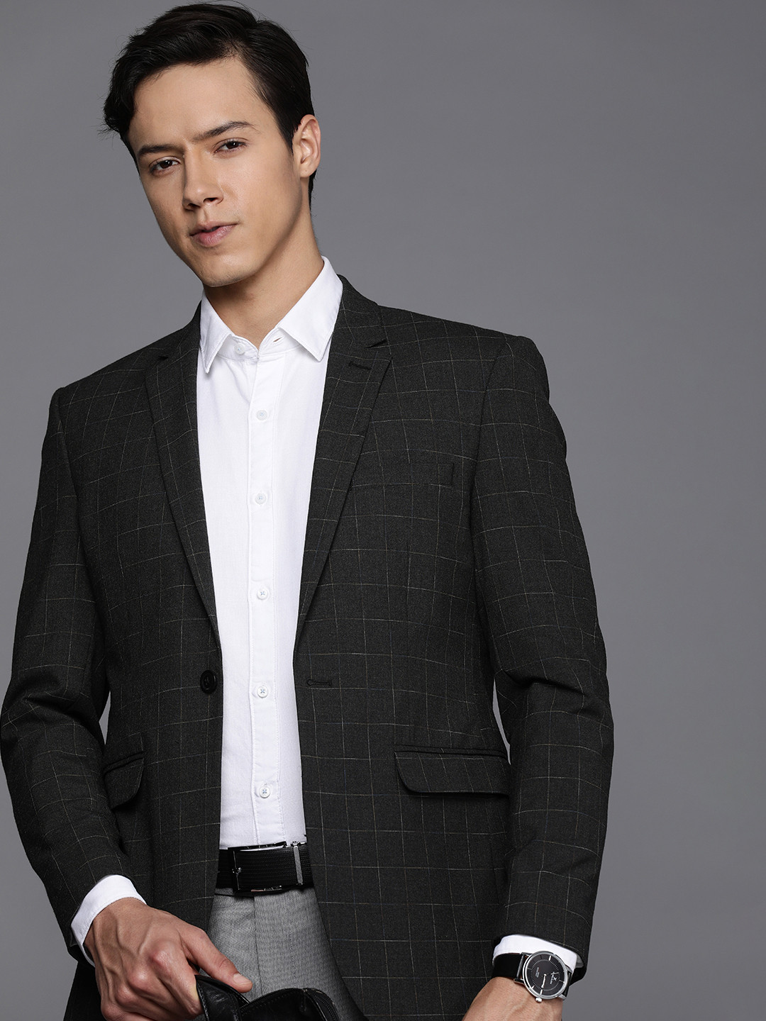 Peter England Elite Men Charcoal Slim Fit Checked Single-Breasted Formal Blazer