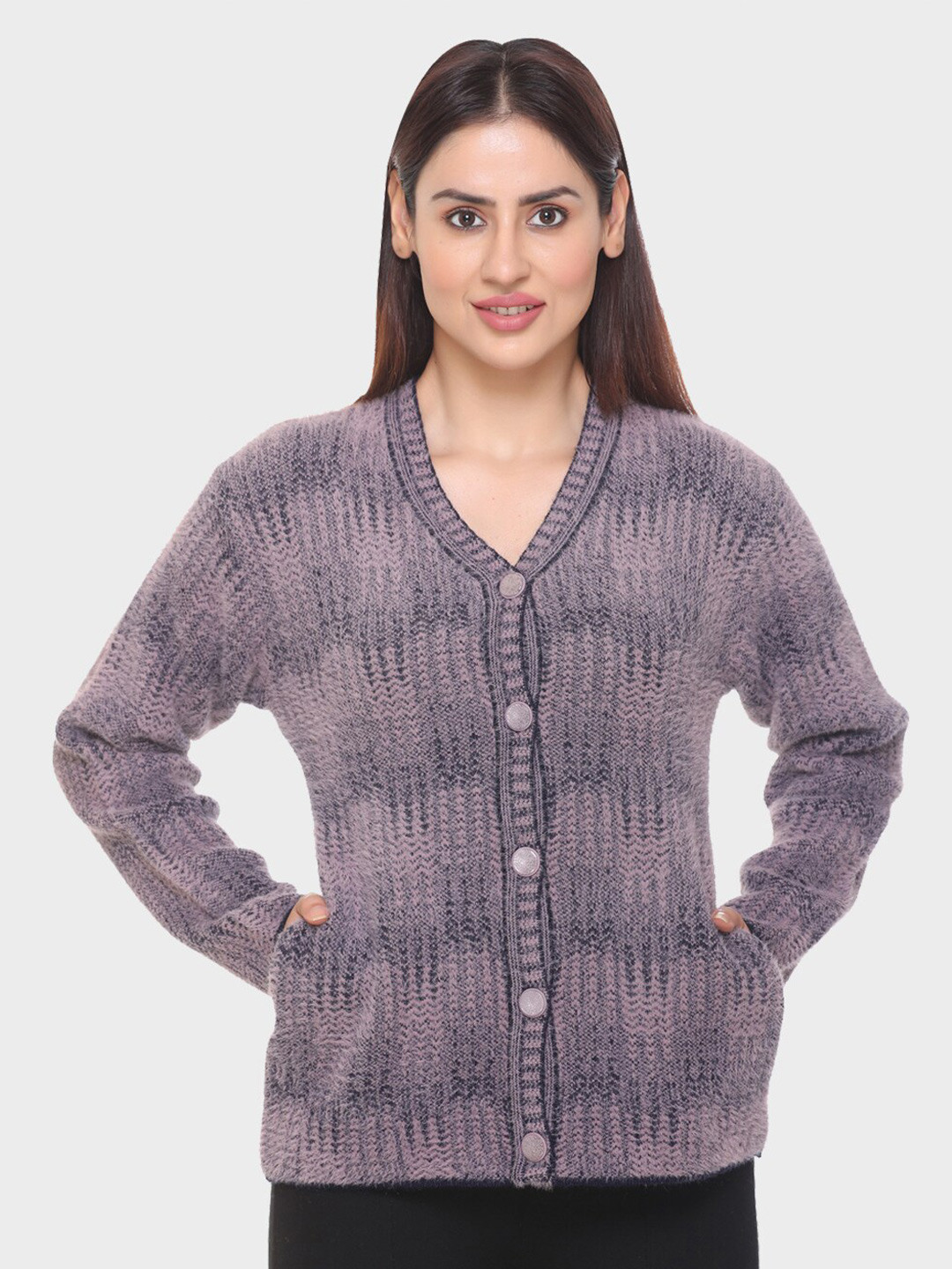 aarbee Women Purple Full Sleeves Cardigan with Pockets