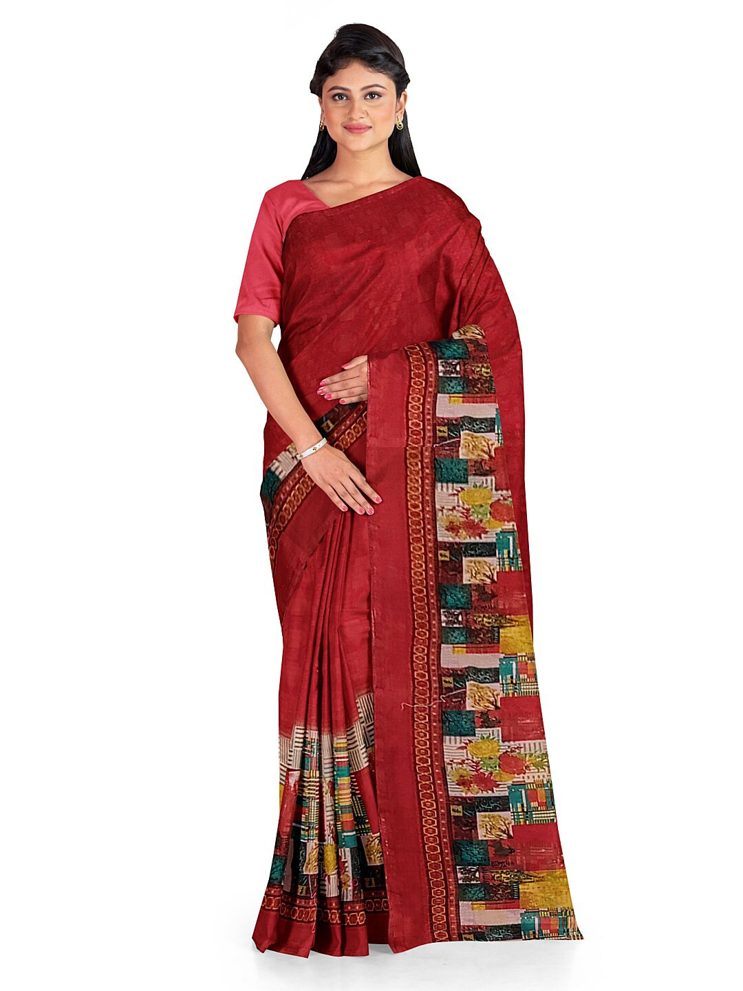 Silk Bazar Peach-Coloured & Blue Pure Georgette Fusion Dharmavaram Saree