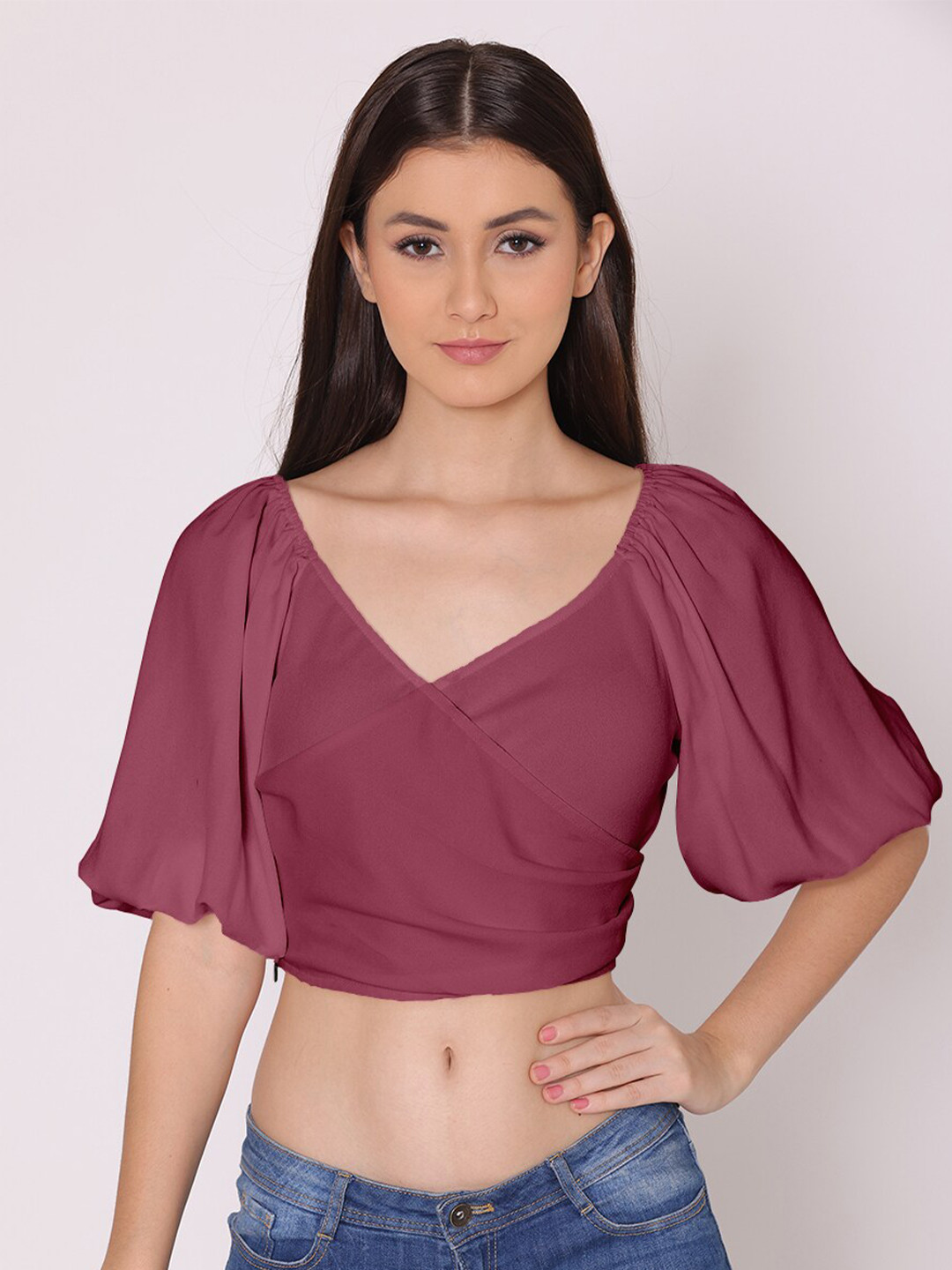 DressBerry Women Mauve Georgette Wrap Crop Top