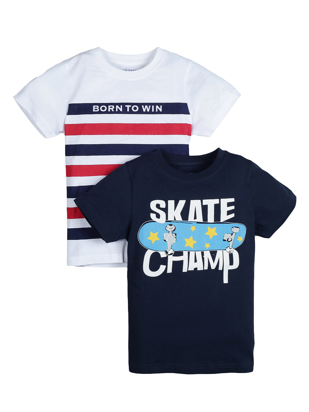 PLUM TREE Boys Pack Of 2 White & Navy Blue Printed Cotton T-shirt