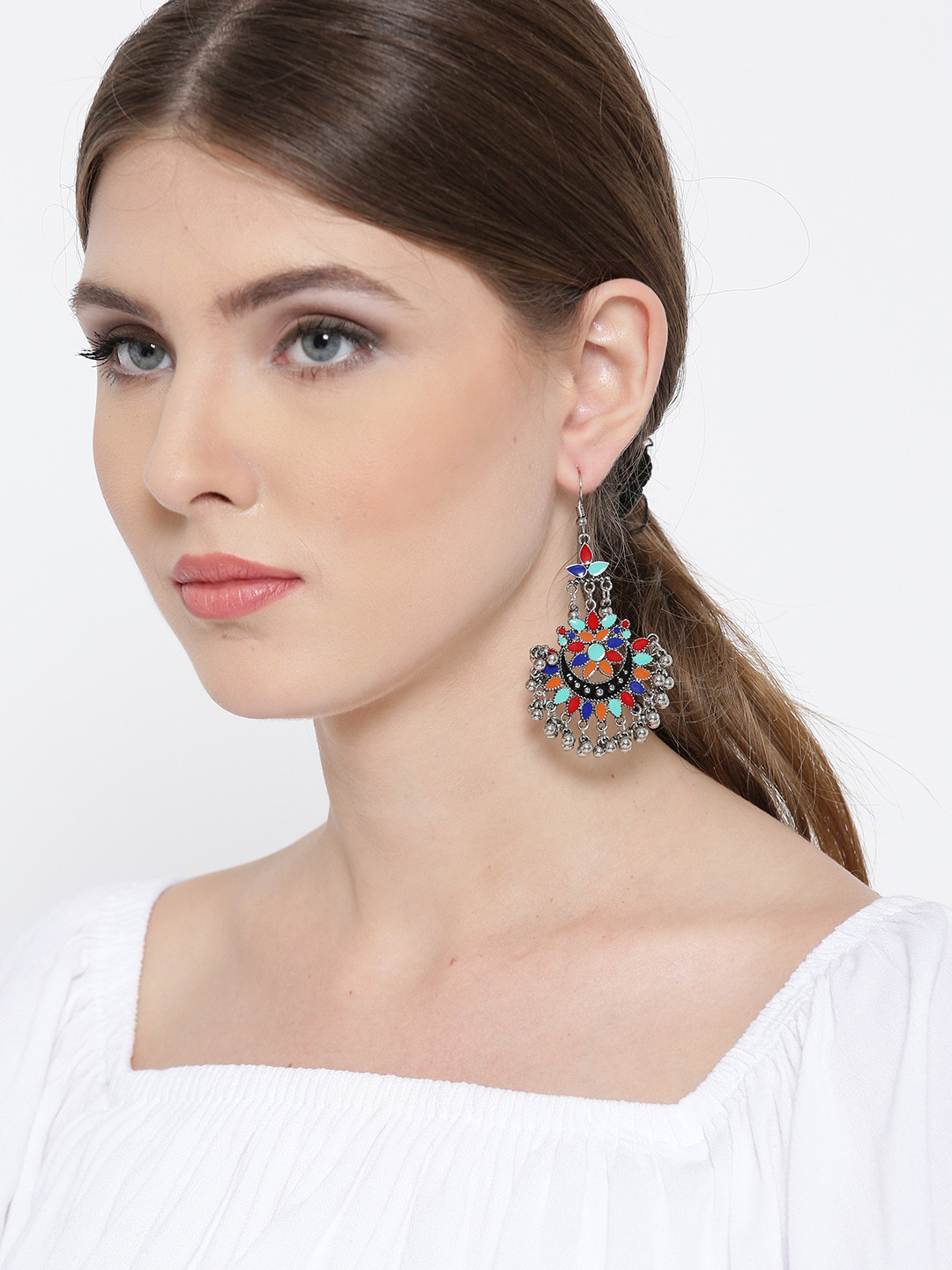 YouBella Multicoloured Oxidised Silver-Plated Crescent Shaped Chandbalis