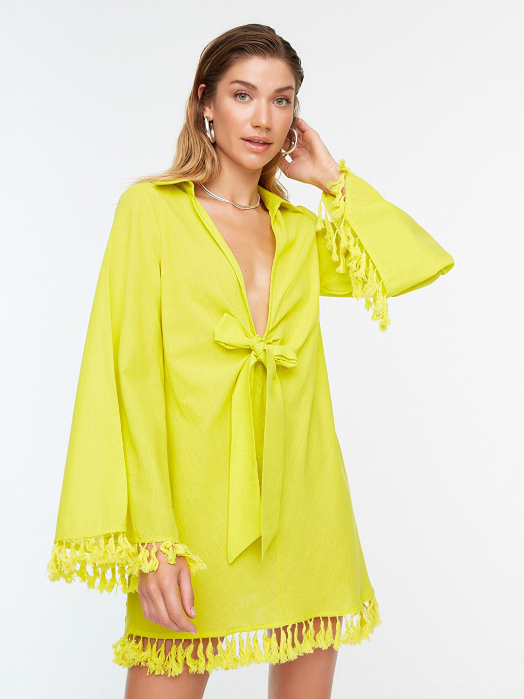 Trendyol Women Green Shirt Collar Front Tie Up Tasseled Cotton A-Line Dress