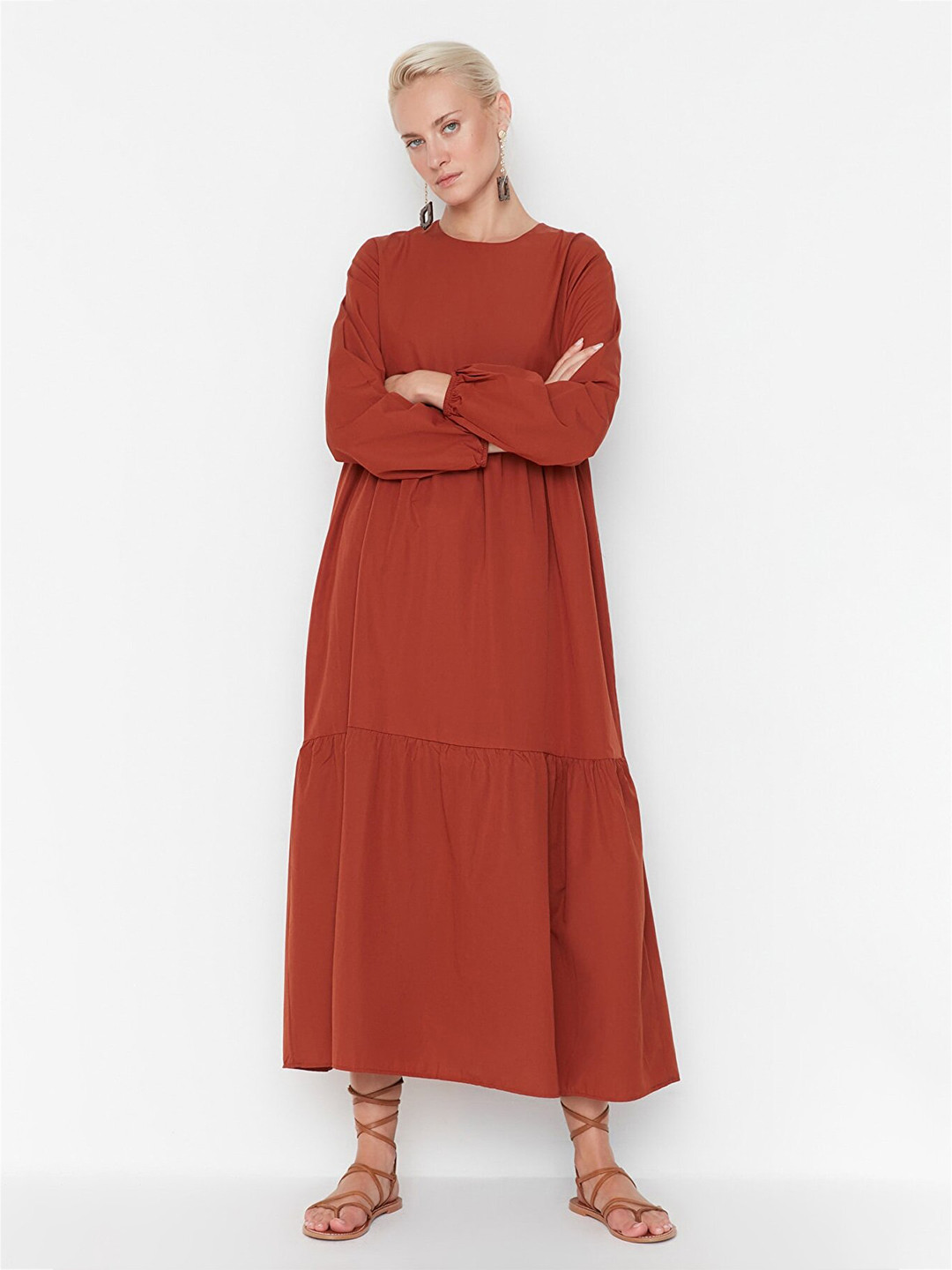 Trendyol Women Teal Brown Solid Long Puff Sleeves Tiered Cotton Maxi Dress