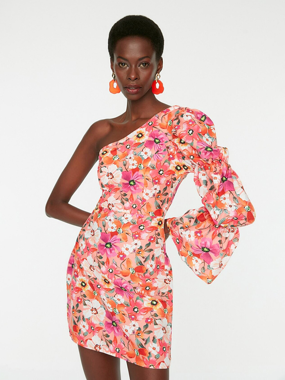 Trendyol Women Orange Floral One Shoulder Sheath Dress